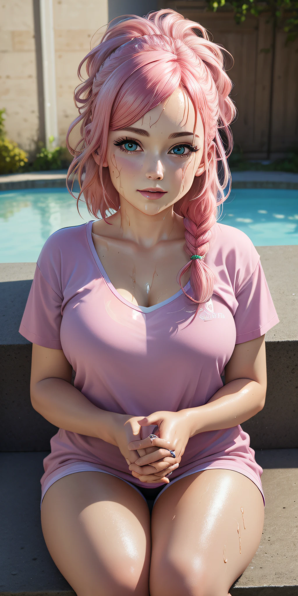 masterpiece,best quality,photo realistic,asda,face,1girl,head,thick lips, pink hair,sitting ,wet,shiny skin, mix4,