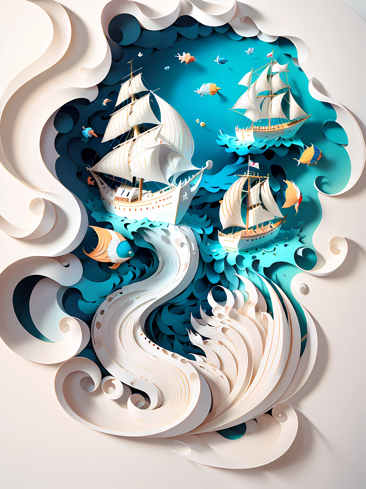 Best quality, paper cutting, paper carving craft, a sailboat, ocean waves, 3D stereoscopic rendering, 4K resolution, white background, natural style, compact and elegant, simple and gorgeous, with white background as the background, showing the beauty of beautiful nature.