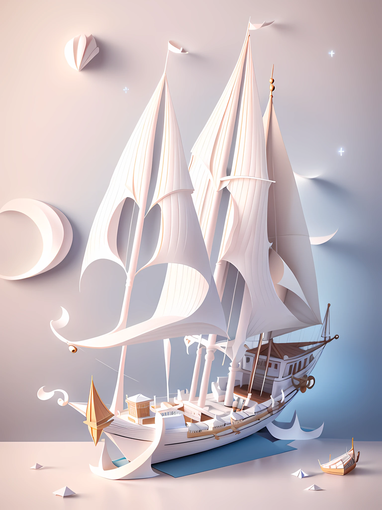 Best paper carved sailing boat, 3D stereoscopic rendering and 4K resolution, white and natural style, compact and elegant, simple and gorgeous, with a white background as the background, showing the beauty of beautiful nature (1.3, 1.2, 1.2, 1.1, 1.1, 1.2).