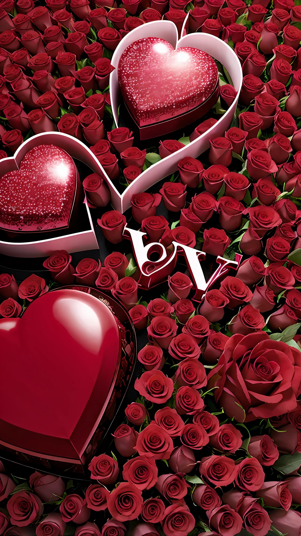 An image of a heart with the word "love" written inside, surrounded by red roses.