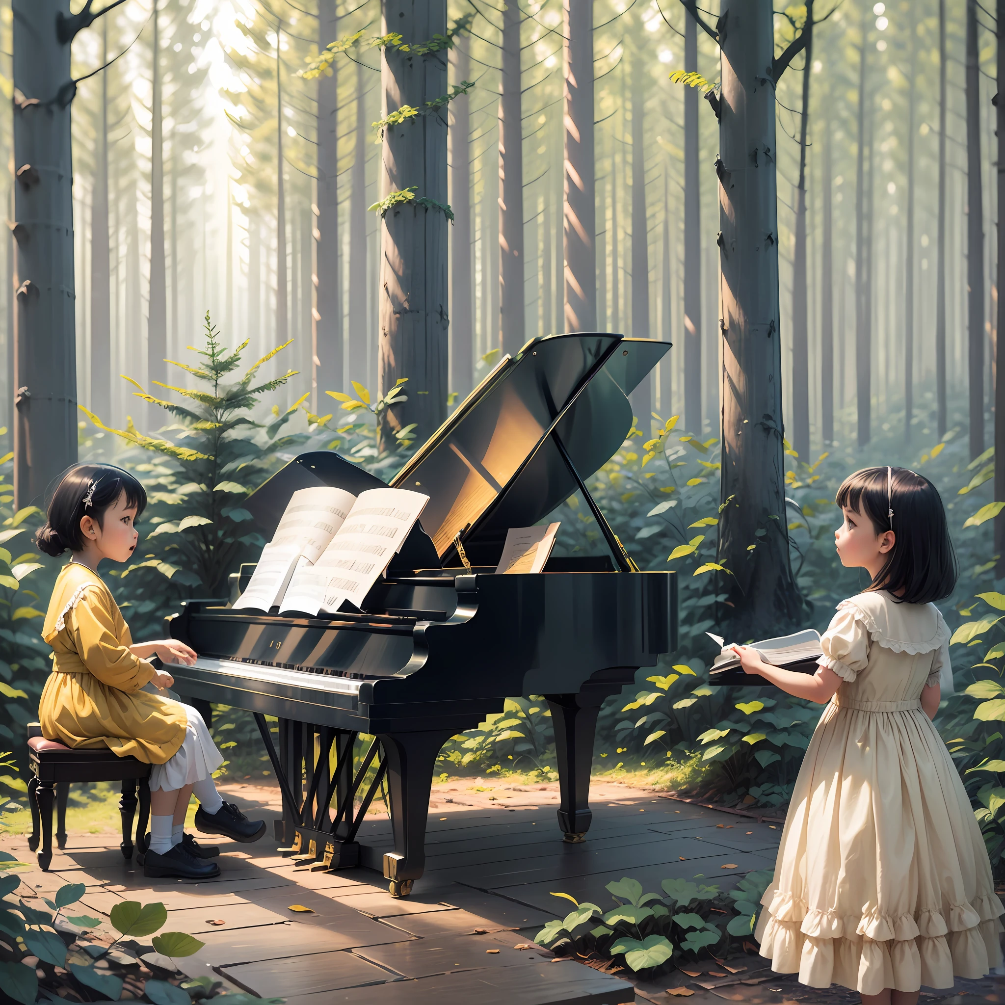 Keep one copy of the book on the piano, and change the little girl on the right