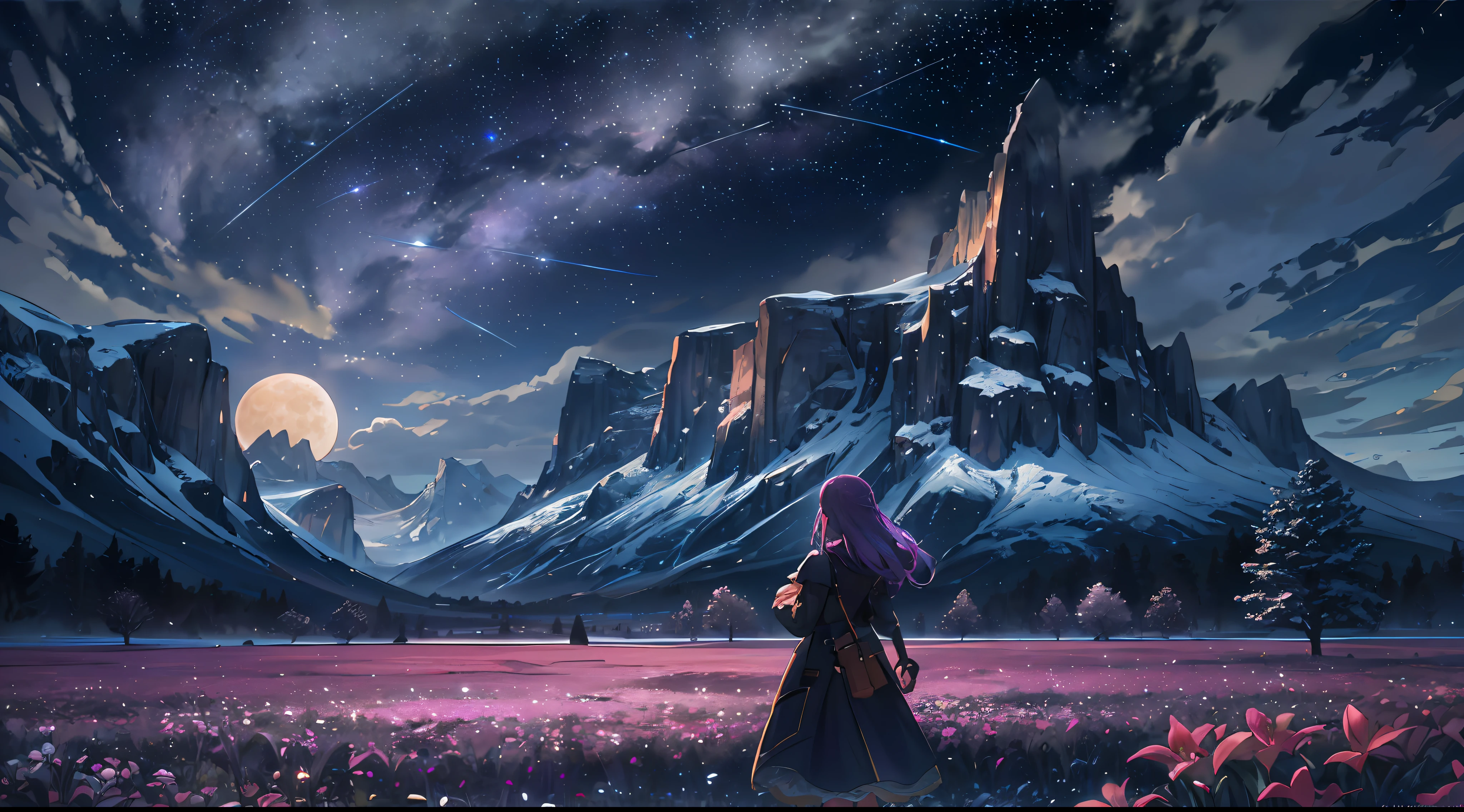 Expansive landscape photograph, (view from below with a view of the sky and wilderness below), little girl standing in a flower field looking up, (full moon: 1.2), (shooting star: 0.9), (nebula: 1.3), distant mountain, tree break production art, (warm light source: 1.2), (firefly: 1.2), lamp, purple and orange, intricate detail, volume lighting, realism break (masterpiece: 1.2) (Best Quality), 4K, Ultra-Detailed, (Dynamic Configuration: 1.4), Highly Detailed and Colorful Details, (Iridescent Colors: 1.2), (Glowing Lighting, Atmospheric Lighting), Dreamy, Magical, (Solo: 1.2)