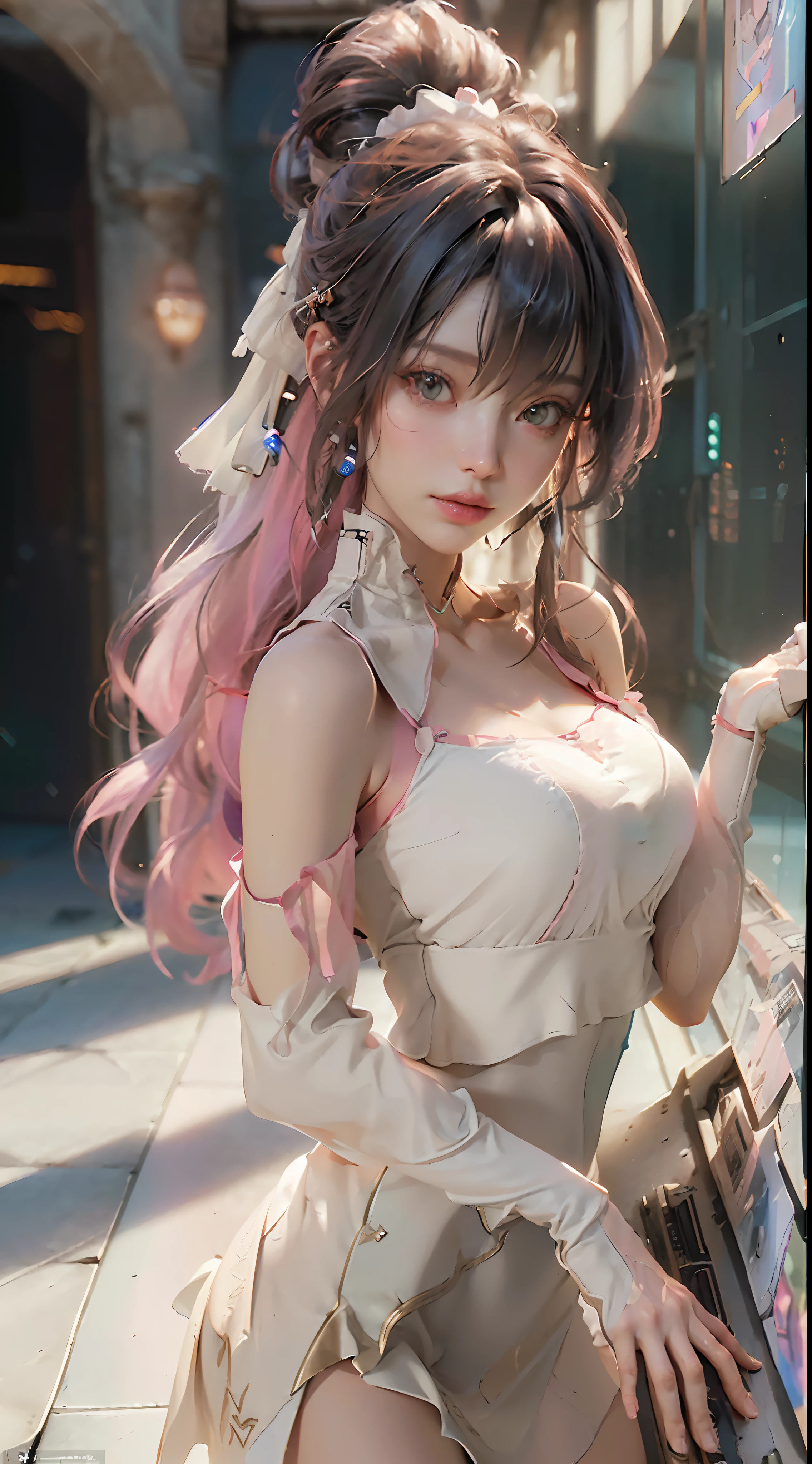 (Best Quality), ((Masterpiece), (Detail: 1.4), 3D, A Beautiful Cyberpunk Woman, HDR (High Dynamic Range), Ray Tracing, NVIDIA RTX, Super-Resolution, Unreal 5, Subsurface Scattering, PBR Textures, Post-Processing, Anisotropic Filtering, Depth of Field, Maximum Sharpness and Clarity, Multi-layer Textures, Albedo and Highlight Maps, Surface Shading, Precise simulation of light-material interactions, perfect proportions, Octane Render, two-color light, large aperture, low ISO, white balance, rule of thirds, 8K RAW, nudity, off-the-shoulder, camisole vest, miniskirt, sheer wear, pink cute, pink tender
