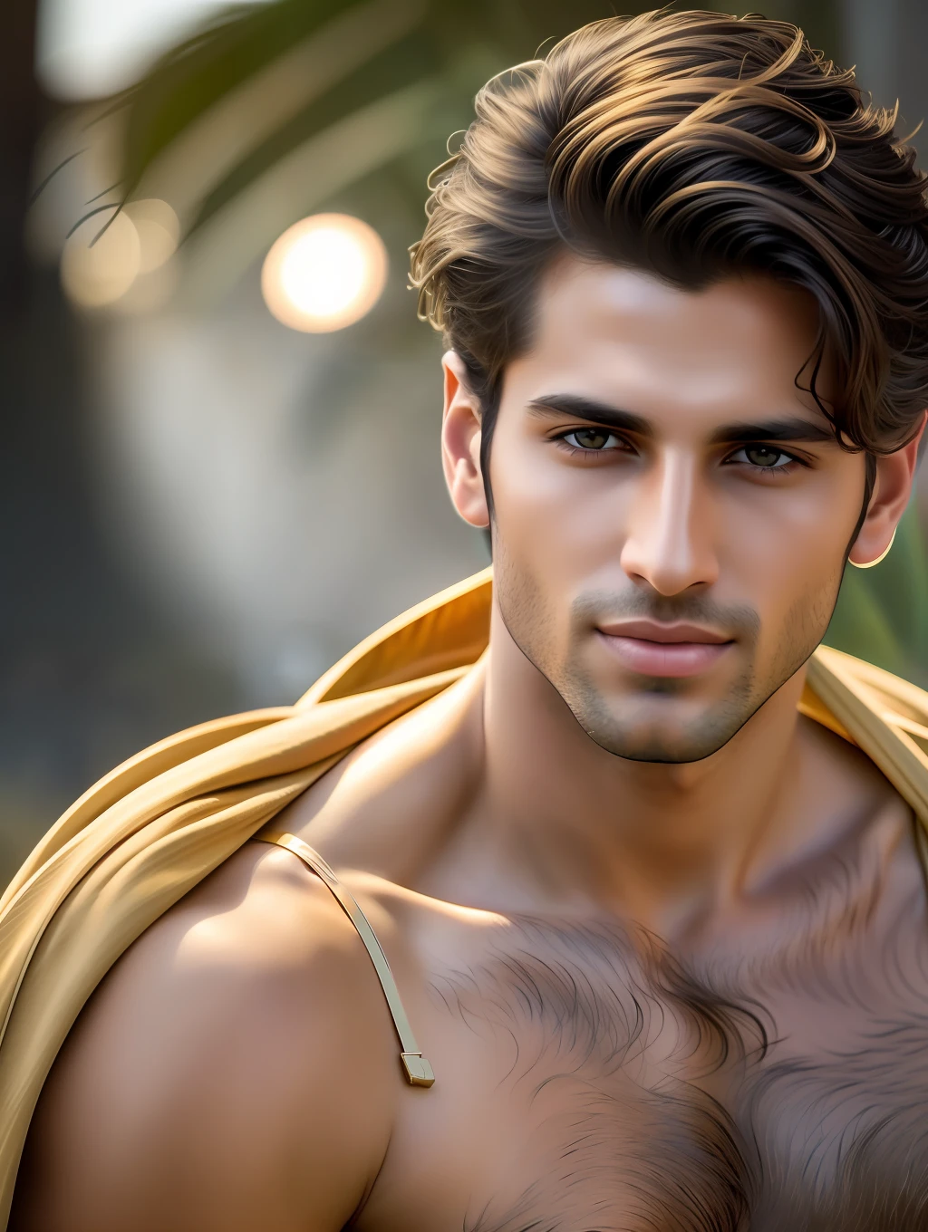 Cinematic soft lighting illuminates a stunningly detailed and ultra-realistic handsome Middle-Eastern male supermodel, beach look, ultra short messy light brown hair, clear honey eyes, captivating perfect smile, sensual, hot man, insanely handsome, that is trending on ArtStation. Octane is the perfect tool to capture the softest details of this 16k photography masterpiece.