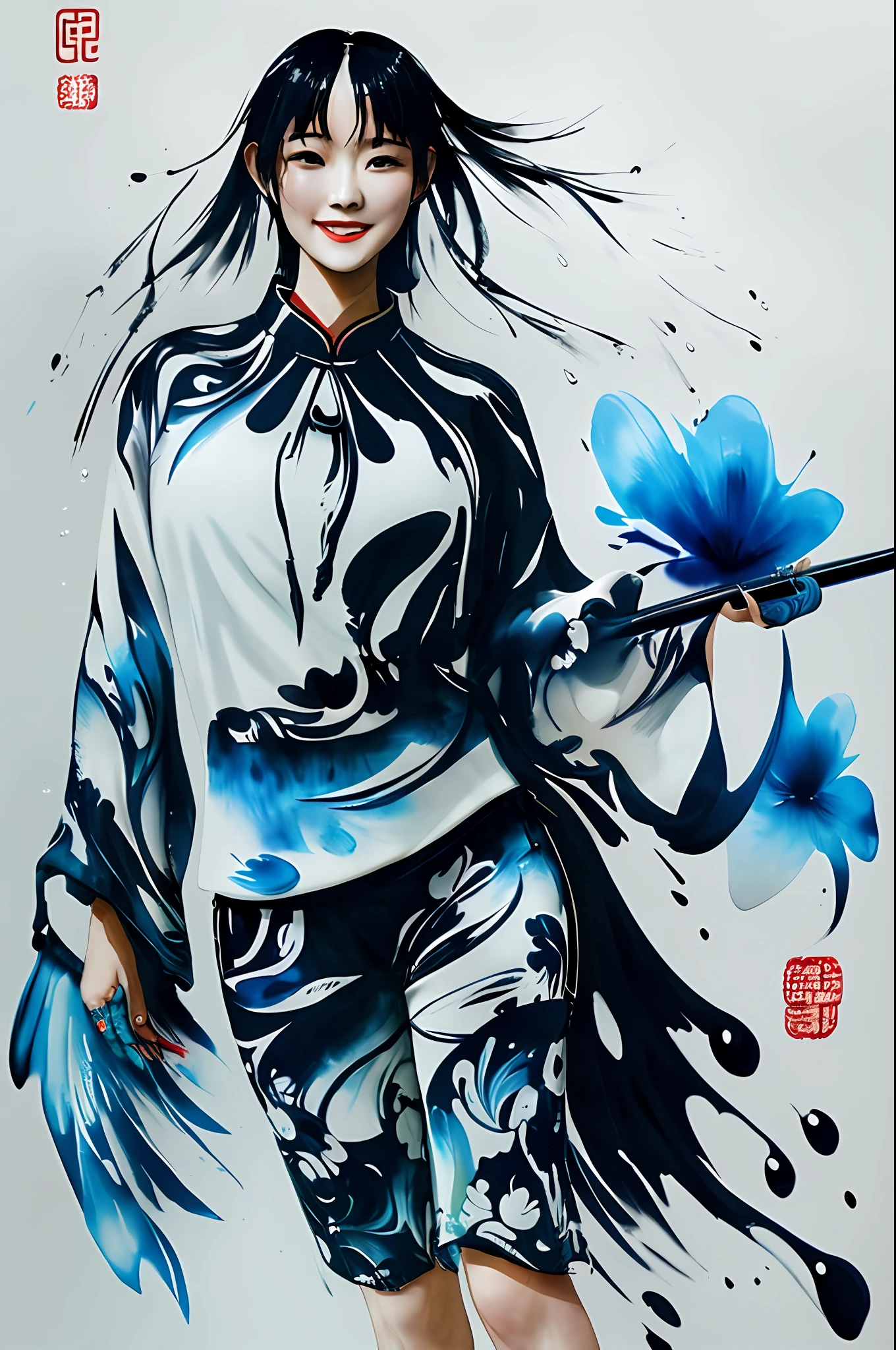 Chinese ink freehand painting, wet wet and water washing techniques, ink color modeling, abstract, surreal, beautiful kawaii woman, abstract and blurred shapes and brushstrokes, tight clothes, shorts, fantasy hourglass body shape, giant breasts and thick legs, happiness and smile, modern urban background, complex gradation of water and ink