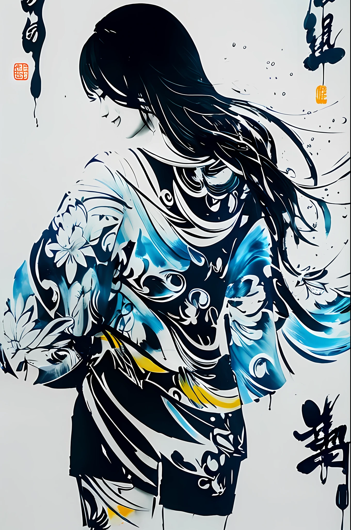 Chinese ink freehand painting, wet wet and water washing techniques, ink color modeling, abstract, surreal, beautiful kawaii woman, abstract and blurred shapes and brushstrokes, tight clothes, shorts, fantasy hourglass body shape, giant breasts and thick legs, happiness and smile, modern urban background, complex gradation of water and ink