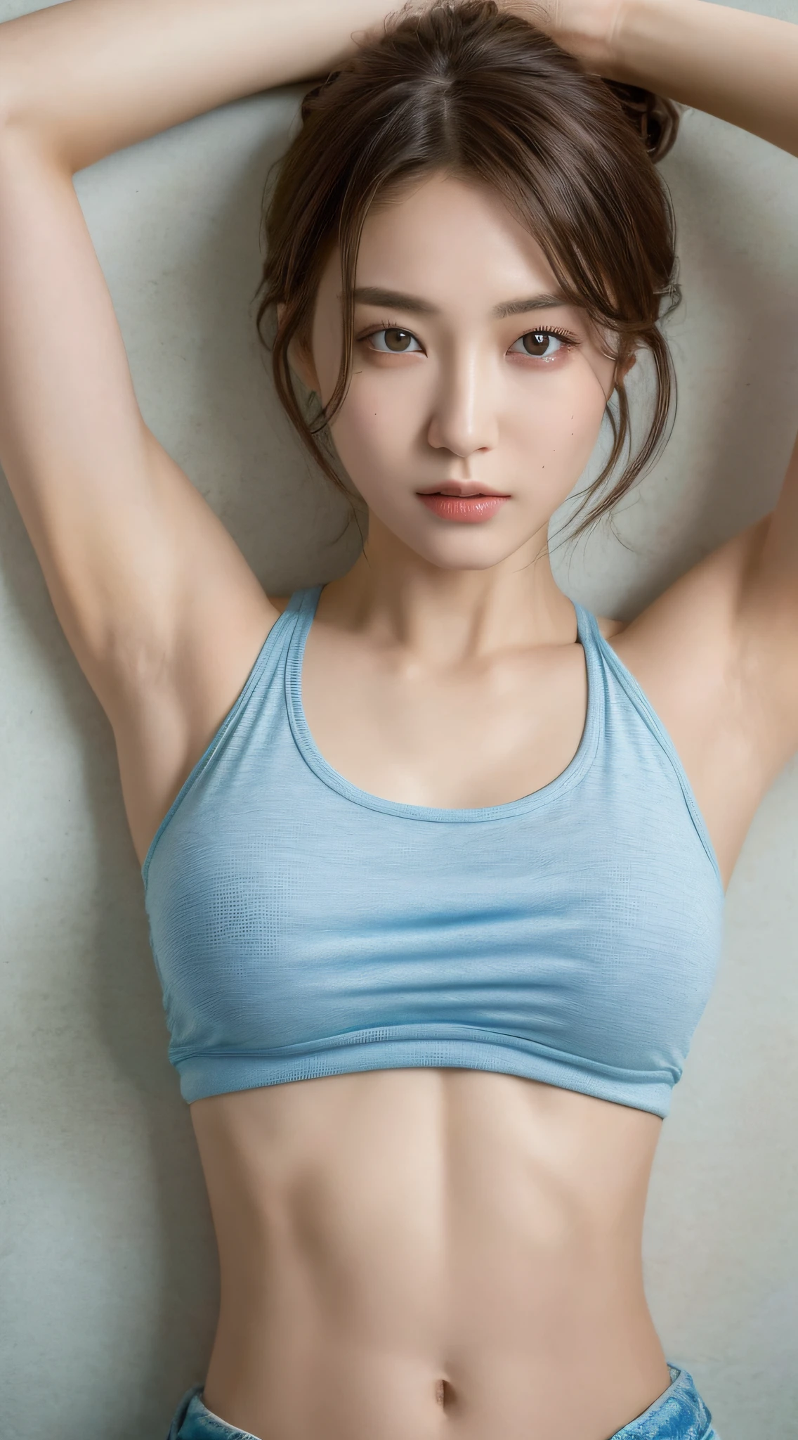 ((Best quality, 8k, Masterpiece :1.3)), 1girl, Pretty woman with emphasizing slender abs :1.3, (random hairstyles :1.2), Oversized tank top :1.2, Ultra-detailed face, Detailed eyes, Double eyelid, armpit
