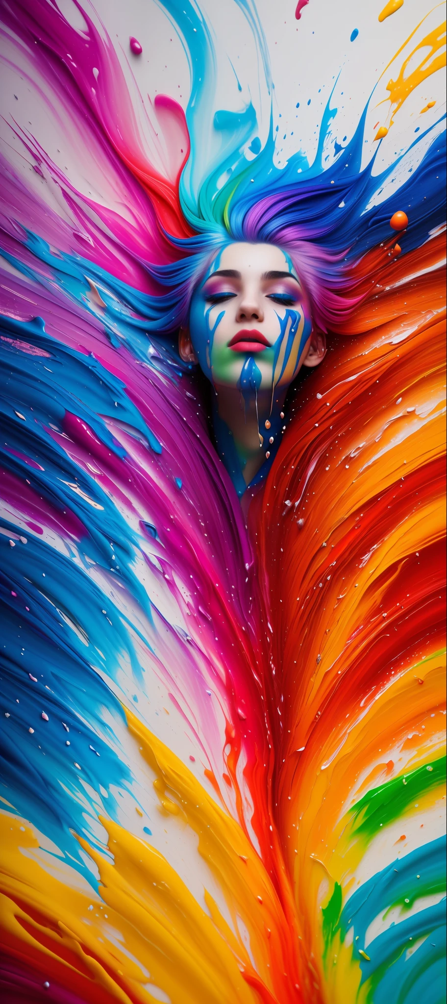 (level difference: 1.8),(Painting colliding and splashing on canvas),(depth of field),1the boy's side face blends with it,(side face),open mouth,(rainbow hair liquid paint:1.1) made of paint and defies gravity, thick flow, (ink splashes: 1.3), liquid state, beautiful, masterpiece, detailed background, high quality model,  Ethereal background, abstract beauty, explosive volume, oil painting, heavy brushstrokes, romantic lighting, sub-surface Scattering, 135mm lens, f1.8, brightness, 8k, high resolution, dreamy, ray tracing, hdr, divine rays,