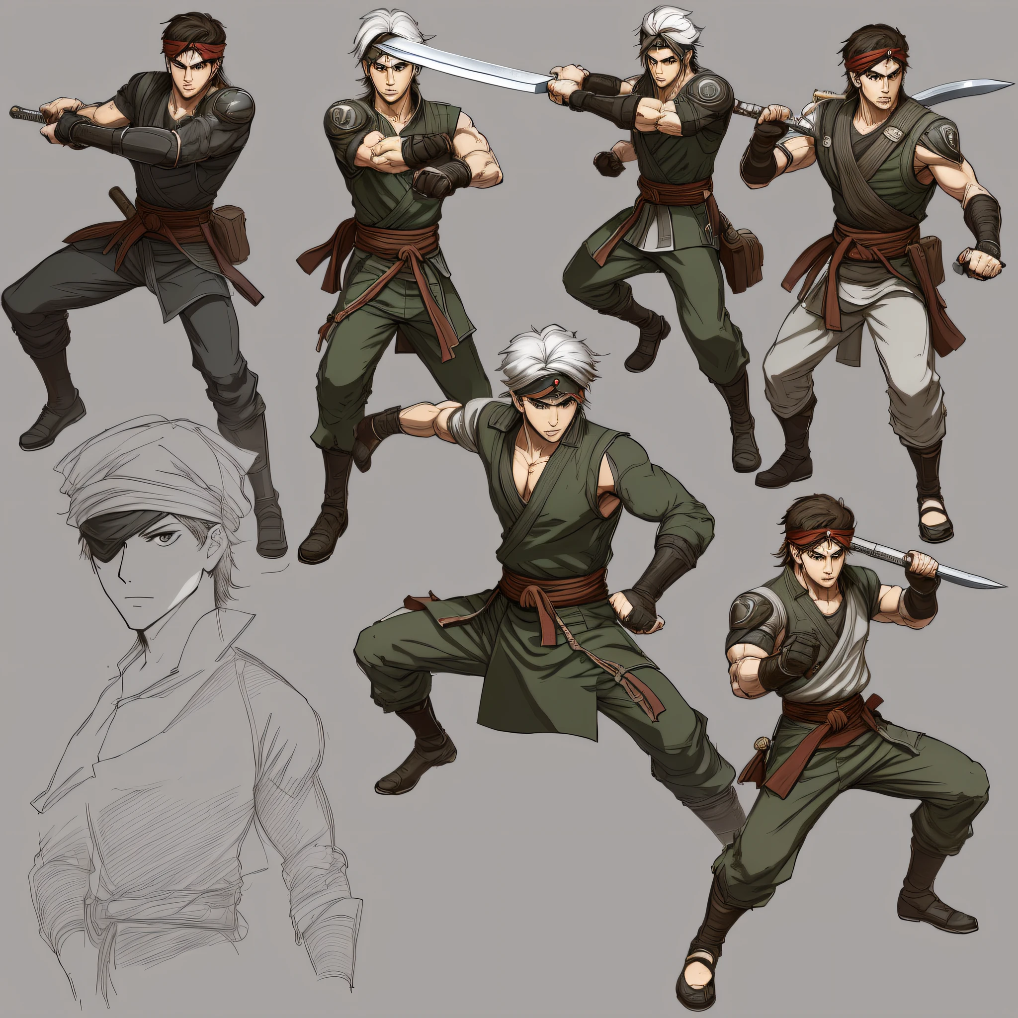 ANIME character man, full body, SKINNY, short hair, (NICE GUY'S FACE) ((design sketches)), (masterpiece), extremely detailed, (original parkour design), (random poses), (unique accessories, katana sword), (basic current combat clothing), (clean face without beard) professionally retouched, white background, (male: 1.1) martial arts, parkour (parkour caucus: 0.8), (dirty: 1.1), (movement: 0.8), (young: 1.3), (sprint: 0.6) (prince of persia concept) (solid concept  snake) (street fighter concept) --auto --s2
