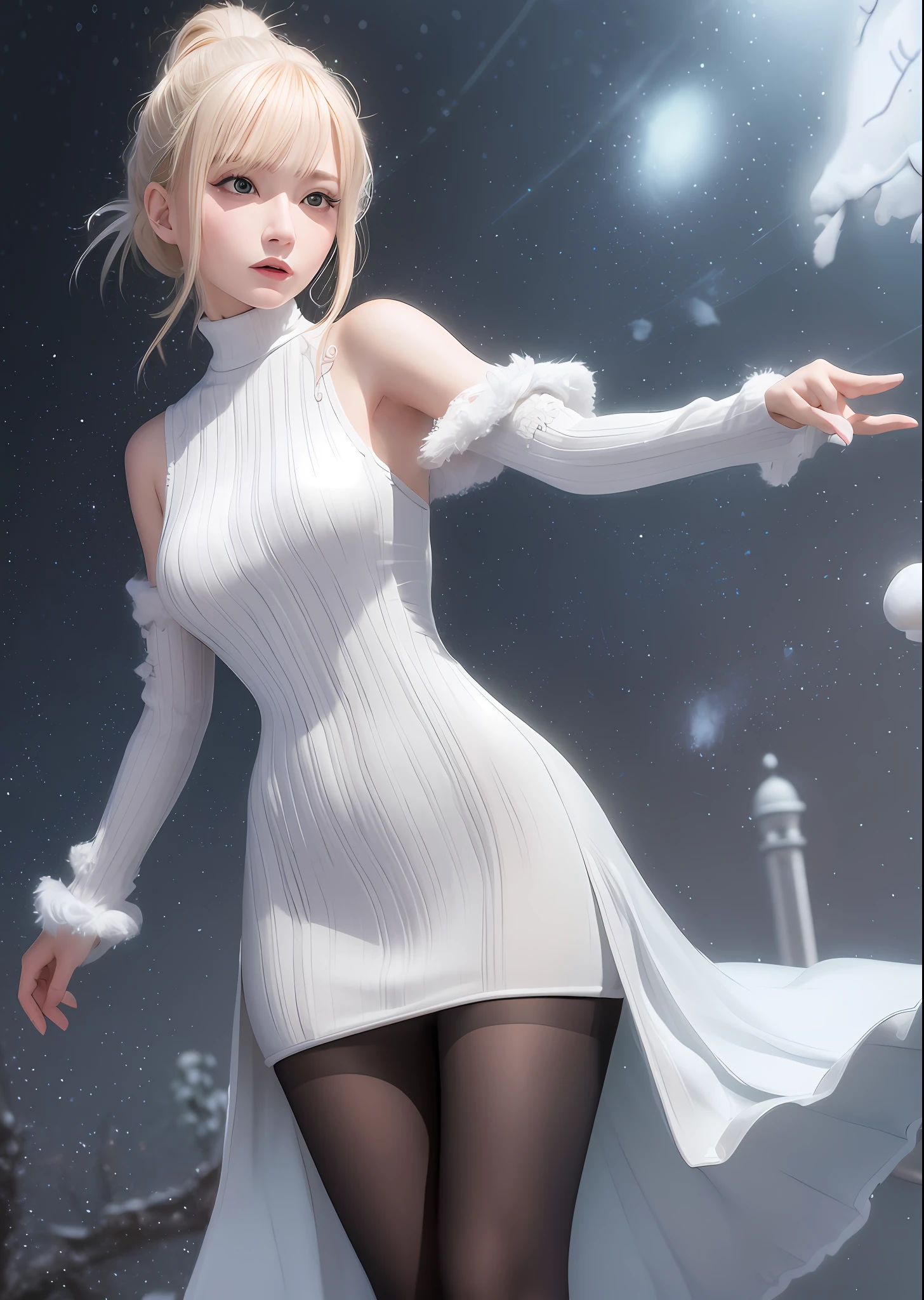 (Best Quality Detail: 1.2), Realistic, 8K UHD, HD, (1 Girl: 1.2), Ultra Detailed, High Quality Texture, Intricate Detail, Detailed Texture, Fine Detail, High Detail, Extremely Detailed CG, High Quality Shadows, Detailed Beautiful Delicate Face, Detailed Beautiful Delicate Eyes, Depth of Field, Ray Tracing, 20 years old, Beautiful Kpop Girl, (Korean ulzzang Face: 1.1), slim face, (ulzzang-6500-v1.1:0.6), PureErosFace_V1, glowing eyes, blush, bright lips, perfect figure, (sleeveless turtleneck, pantyhose: 1.1), (white blonde hair, ponytail: 1.1), winter_street, snow_particle,