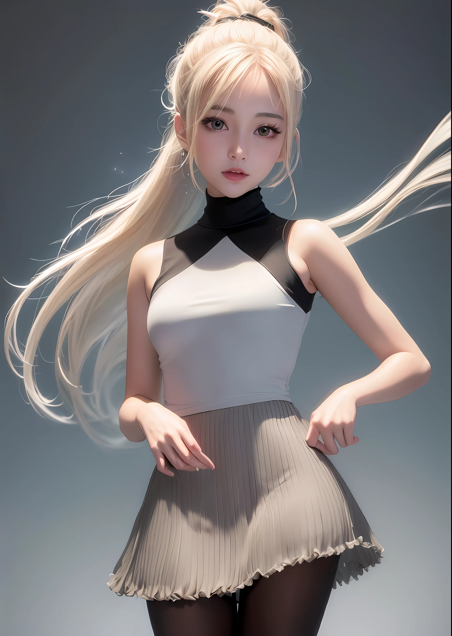 (Best Quality Detail: 1.2), Realistic, 8K UHD, HD, (1 Girl: 1.2), Ultra Detailed, High Quality Texture, Intricate Detail, Detailed Texture, Fine Detail, High Detail, Extremely Detailed CG, High Quality Shadows, Detailed Beautiful Delicate Face, Detailed Beautiful Delicate Eyes, Depth of Field, Ray Tracing, 20 years old, Beautiful Kpop Girl, (Korean ulzzang Face: 1.1), slim face, (ulzzang-6500-v1.1:0.6), PureErosFace_V1, glowing eyes, blush, bright lips, perfect figure, (sleeveless turtleneck, pantyhose: 1.1), (white blonde hair, ponytail: 1.1), winter_street, snow_particle,