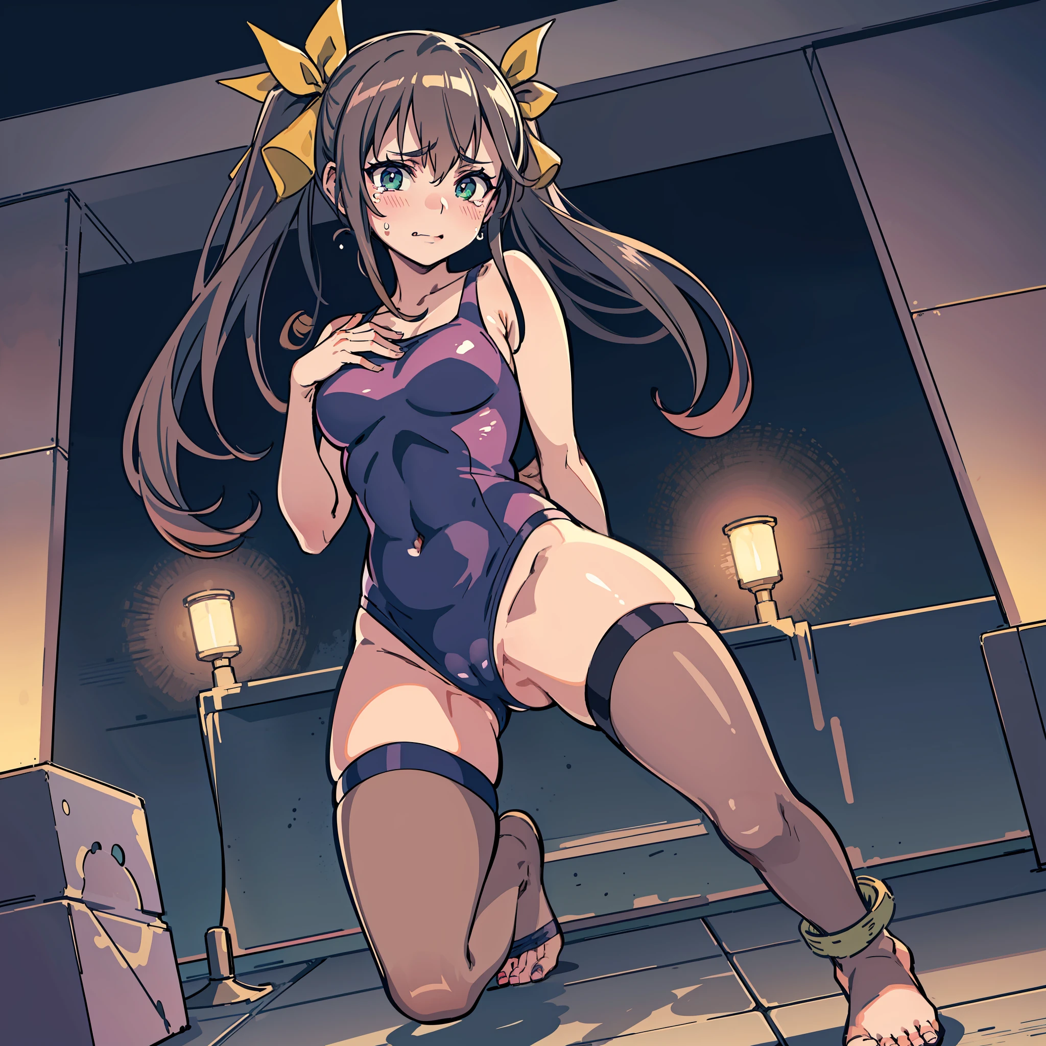 close-up to toes,pink thigh highs on both legs,(((masterpiece))), best quality, highly detailed, extremely detailed CG unity 8k wallpaper,illustration,sfw,safe for work,
sd1,solo, one female,1female,lingyinhuang, fang,pink thigh highs, yellow ribbon, hair ribbon, pink leotard,pink pilot suit, halterneck, covered navel, bare shoulders, dark green eyes, brown hair,
wet body,bondage,bdsm, tied,tied up,rope, hands are bound,
sexy pose,extreme close-up to toes,close-up to leg,angle from below,open legs, spread legs,suffering,tears,crying,suffering face,
indoor, grey background, dark background, wet, lab, night, dark.pipe, machine,spotlight