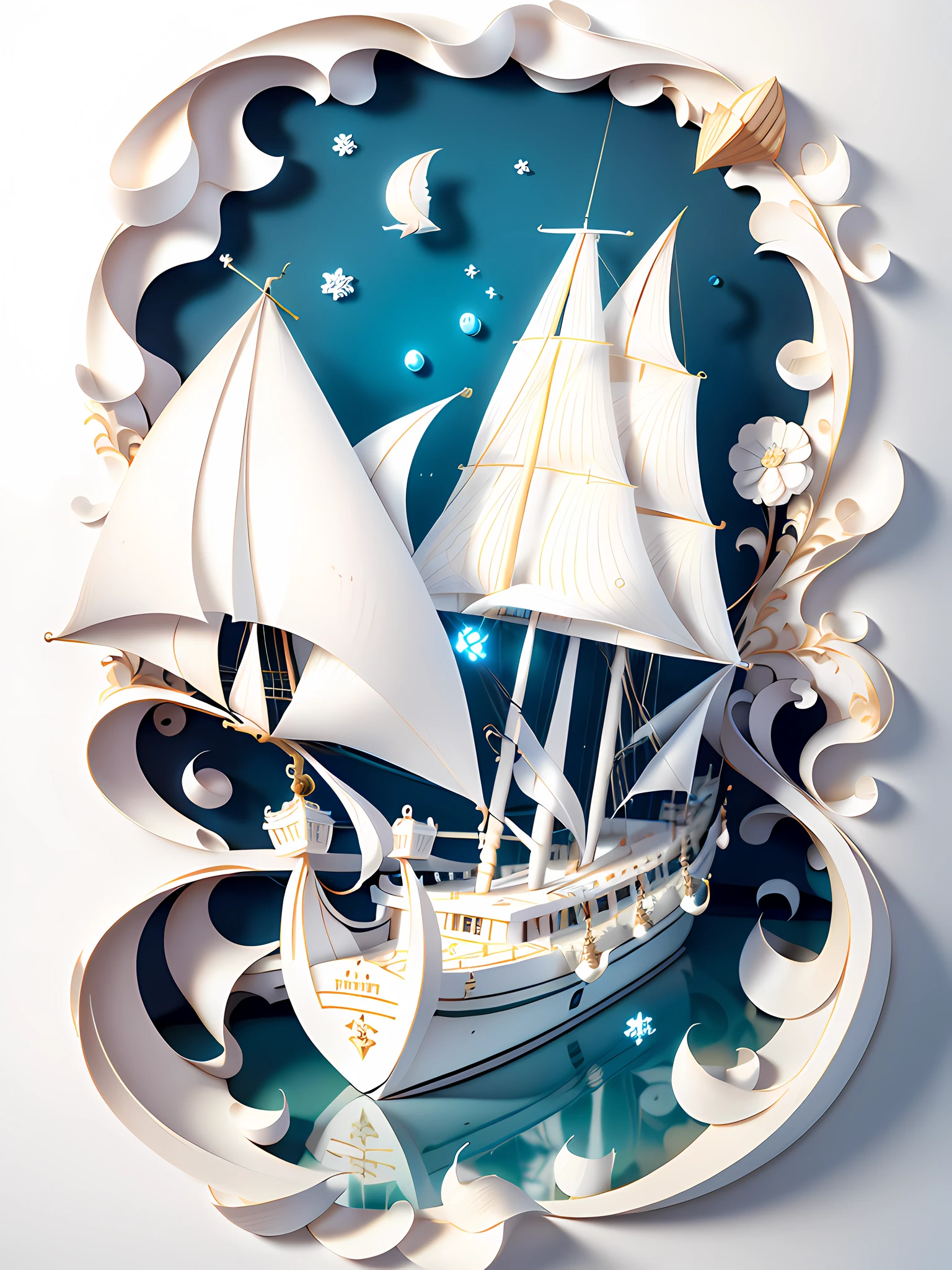 Best paper carved sailing boat, 3D stereoscopic rendering and 4K resolution, white and natural style, compact and elegant, simple and gorgeous, with a white background as the background, showing the beauty of beautiful nature (1.3, 1.2, 1.2, 1.1, 1.1, 1.2).