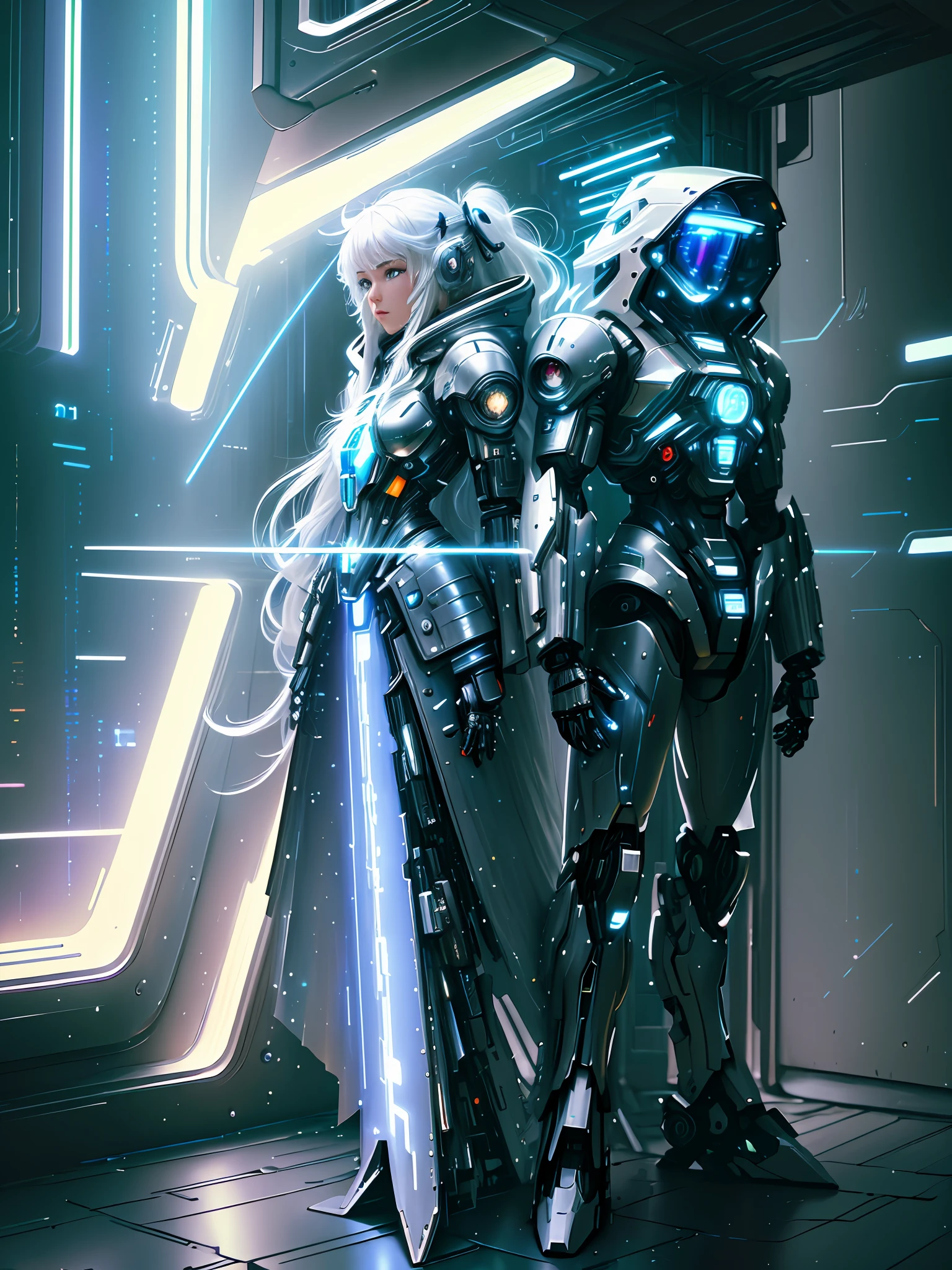 (masterpiece,best quality, starry, cyberpunk), mecha, celestial 4k wallpaper, white hair, hood, thin legs, long hair, rain, depth of field, starry sky, hair ribbon, futuristic vibe.
