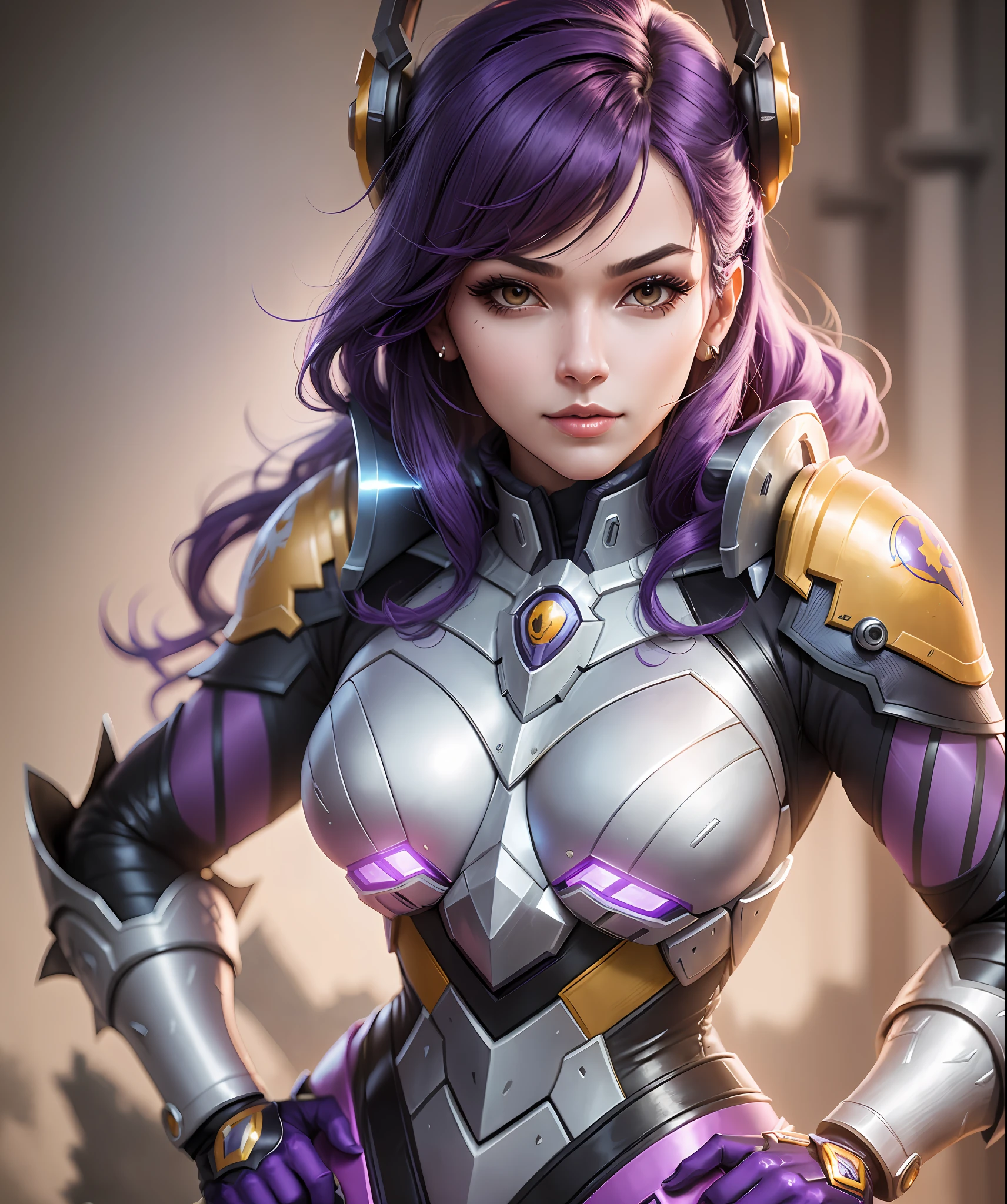A closeup of a woman in a suit and helmet posing, as Overwatch character, as Overwatch character, professional cosplay, zodiac knight, wearing dark purple armor, full cosplay, elegant purple armor, Knights of Zodiac girl, glamorous Digimon Angewoman, in monster hunter armor