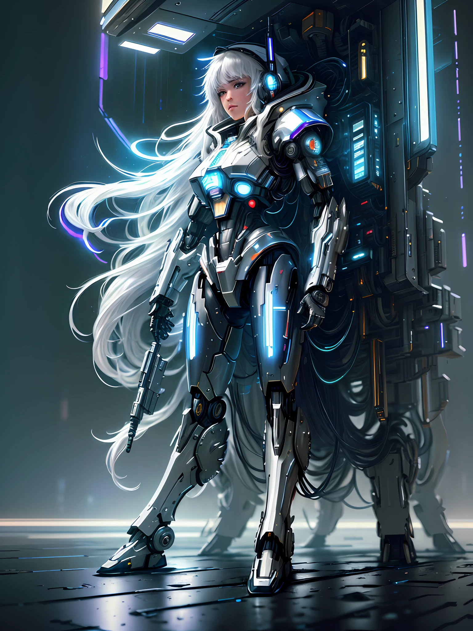 (masterpiece,best quality, starry, cyberpunk), mecha, celestial 4k wallpaper, white hair, hood, thin legs, long hair, rain, depth of field, starry sky, hair ribbon, futuristic vibe.