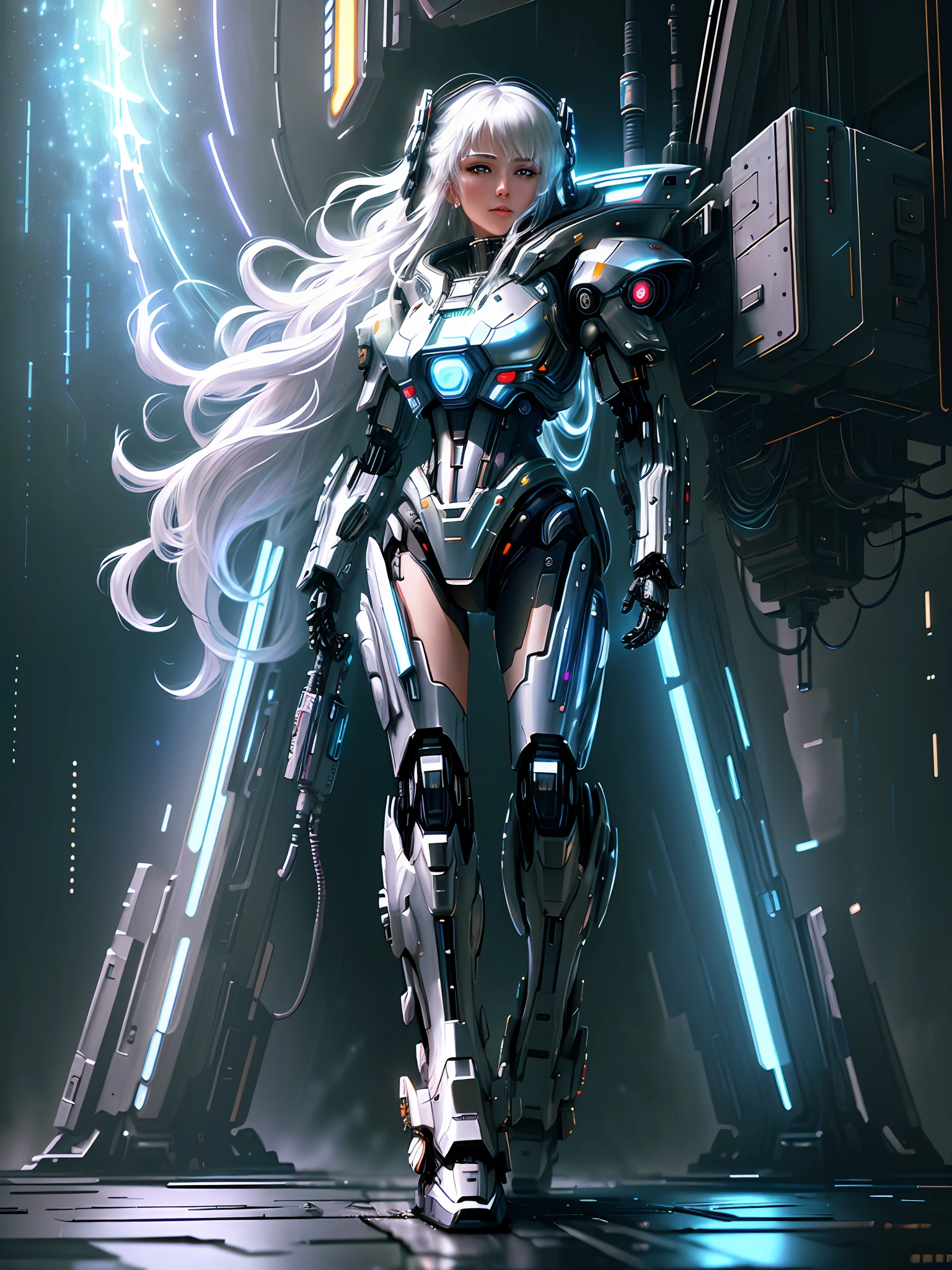 (masterpiece,best quality, starry, cyberpunk), mecha, celestial 4k wallpaper, white hair, hood, thin legs, long hair, rain, depth of field, starry sky, hair ribbon, futuristic vibe.
