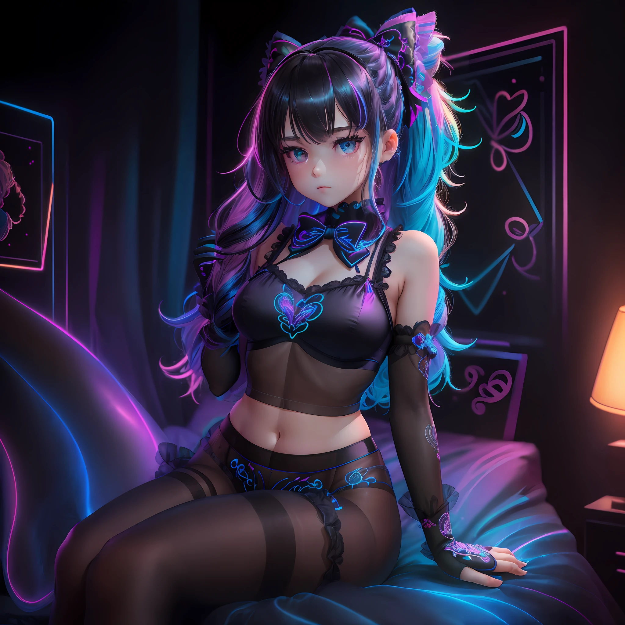 (((1 girl)),ray tracing,(dim lighting),[detailed background (bedroom)),((neon hair)),((neon hair)),(Fluffy neon hair, plump slender girl)) with high ponytail)))) Avoid blonde eyes in the ominous bedroom ((((Girl wears intricately embroidered black high-waisted pants with pantyhose) and rainbow ruffled bow gloves), showing a delicate slim figure and graceful curves, correct limbs, sitting on the bed --auto --s2