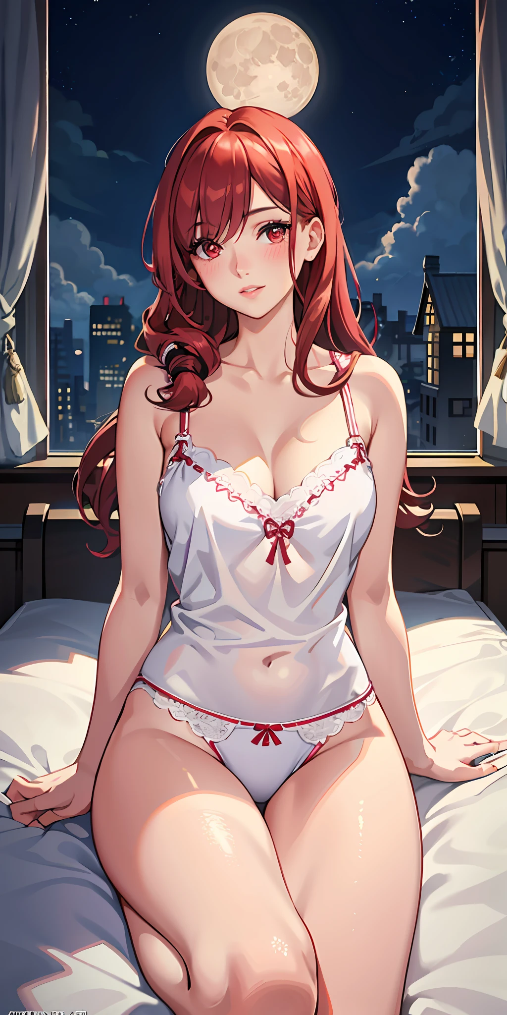 realistic, 1girl, hair over one eye, parted lips, blush, makeup, light smile, pajamas, glow, thighs, red eyes, collarbone, narrow waist, bedroom, window, moon, on side, (masterpiece), television, wallpaper, moonlight, underwear,