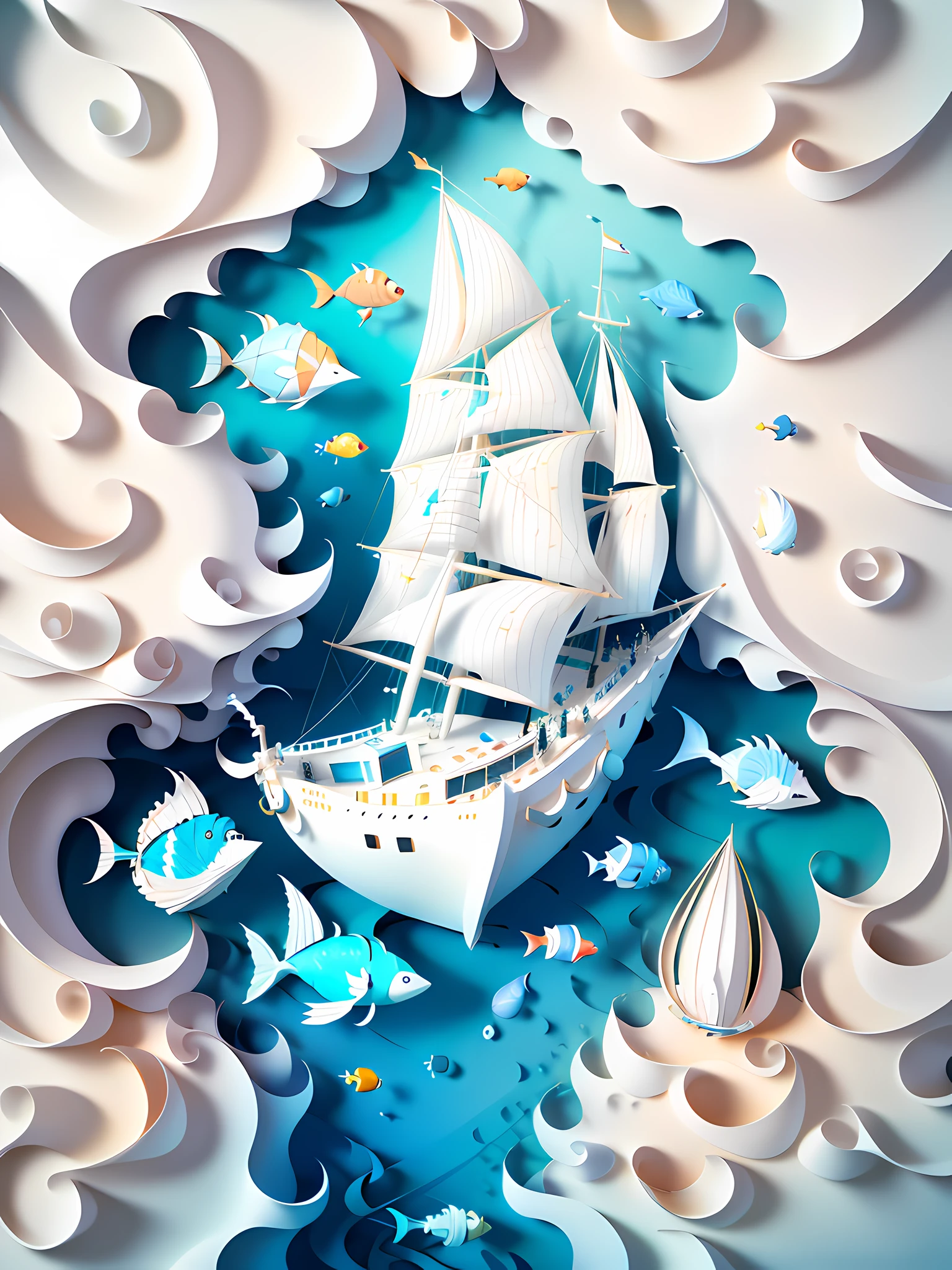 Sailboat, in the sea, integrates three-dimensional paper sculpture and paper art creation, using 3D stereoscopic rendering technology, gradient color matching from white to light blue, using 4K resolution, using simple and natural composition, and using white in the background, presenting a fresh and vulgar natural style. (:nature:)