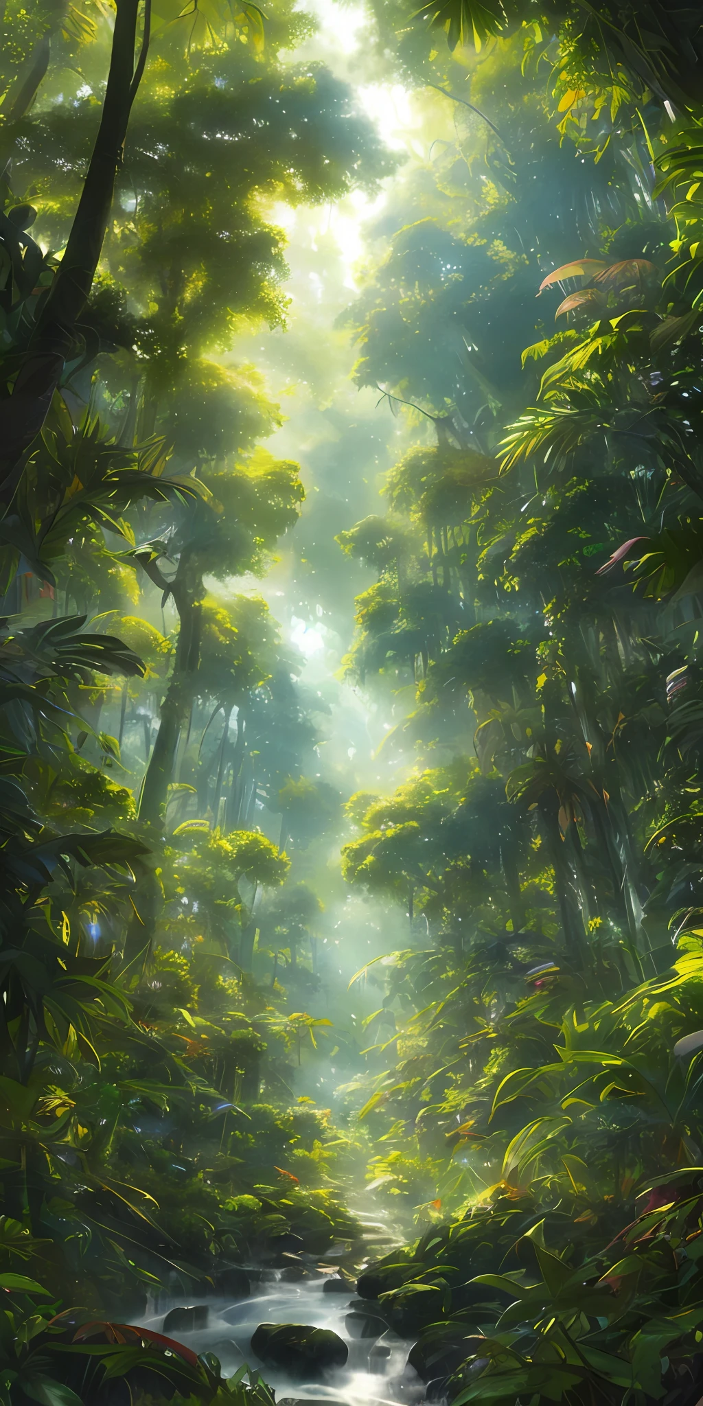 Digital illustration, detailed and intricate, of a dense jungle full of plants and (exotic animals), sunlight filtering through the canopy creating a stained effect. In the style of Yoshitaka Amano and Hayao Miyazaki, masterpiece, proportional, detailed, trend in artstation, beautiful lighting, realistic, intricate, award-winning, 4k, award-winning 4K digital painting of the highest quality in the style of Yoshitaka Amano. Detailed and complex depiction of a zombie apocalypse, masterfully capturing the chaos and drama of the scene. Beautiful lighting and cinematic composition make this piece a true masterpiece, trend in the arts station