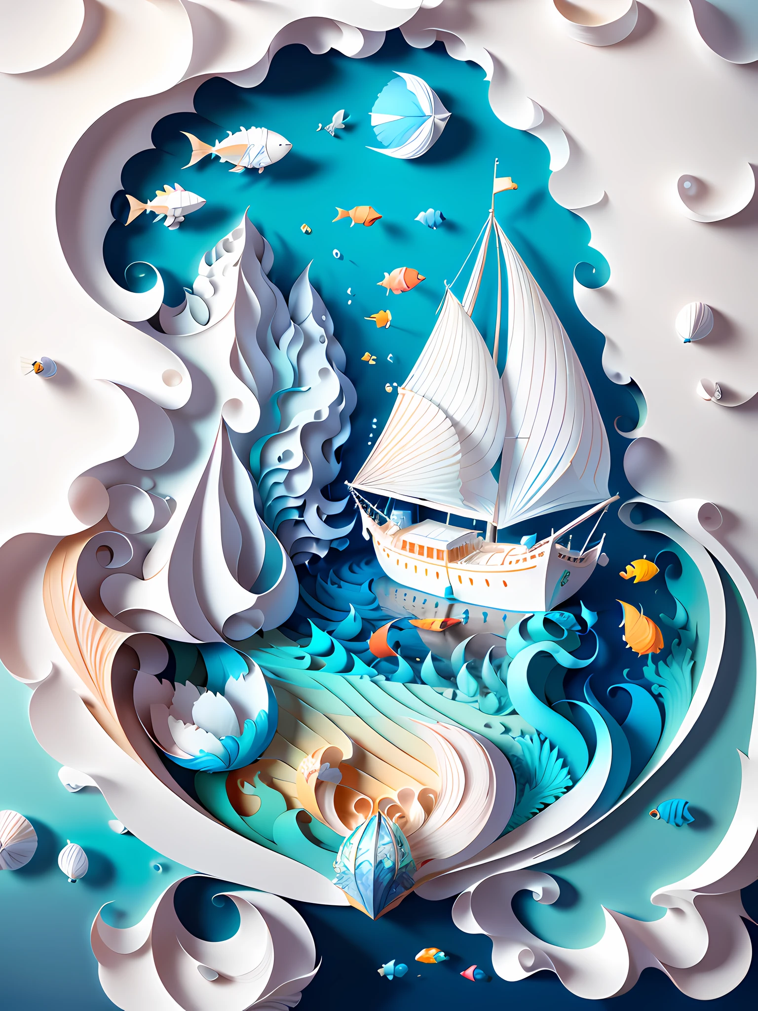Sailboat, driving in the sea, integrating three-dimensional paper sculpture and paper art creation, using 3D stereoscopic rendering technology, gradient color matching from white to light blue, using 4K resolution, using simple and natural composition, and using white in the background, presenting a fresh and vulgar natural style. (:nature:)