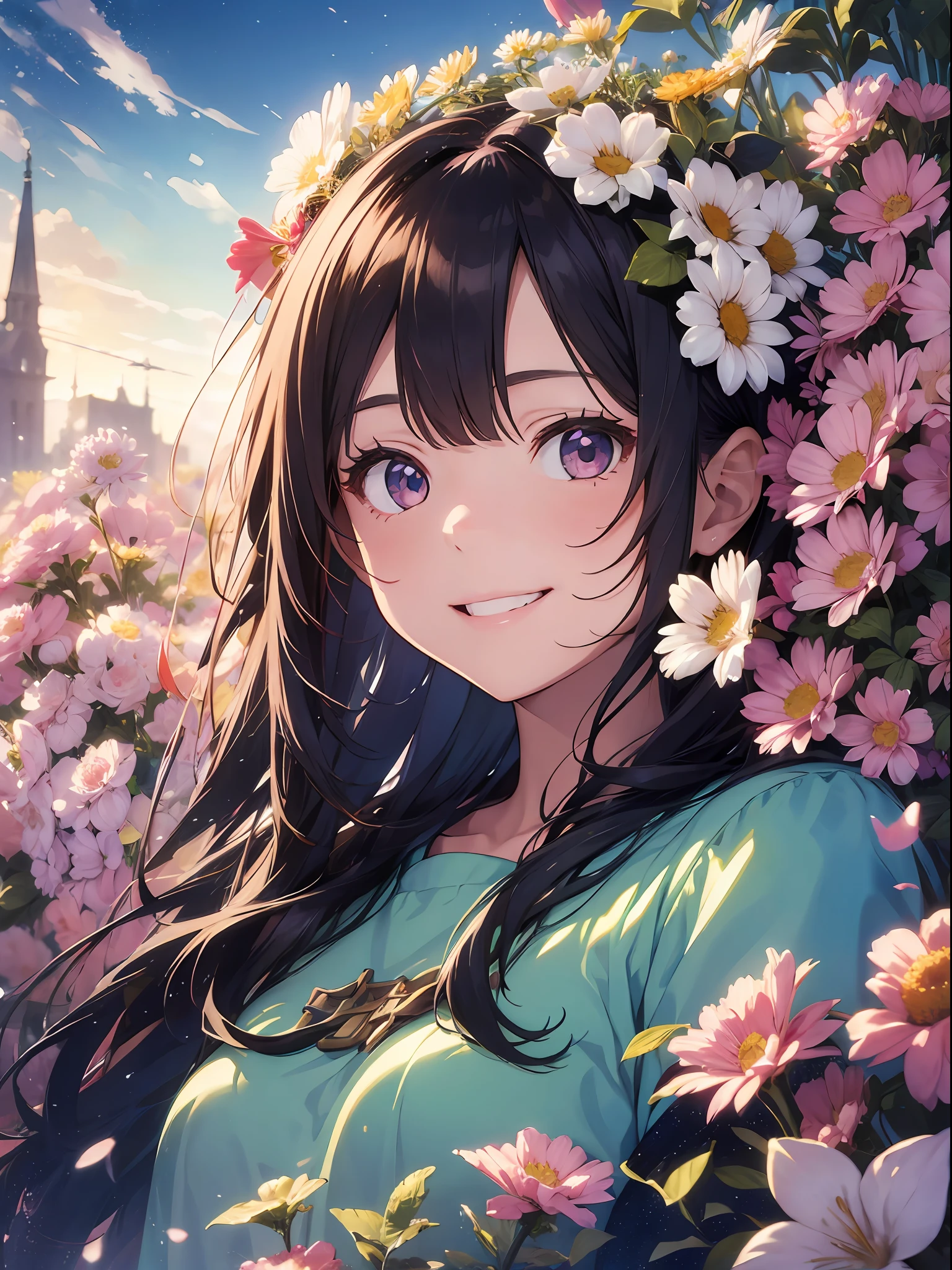 girl, beautiful, flower, realistic, fresh, light smile, fantasy, colorful, vibrant color