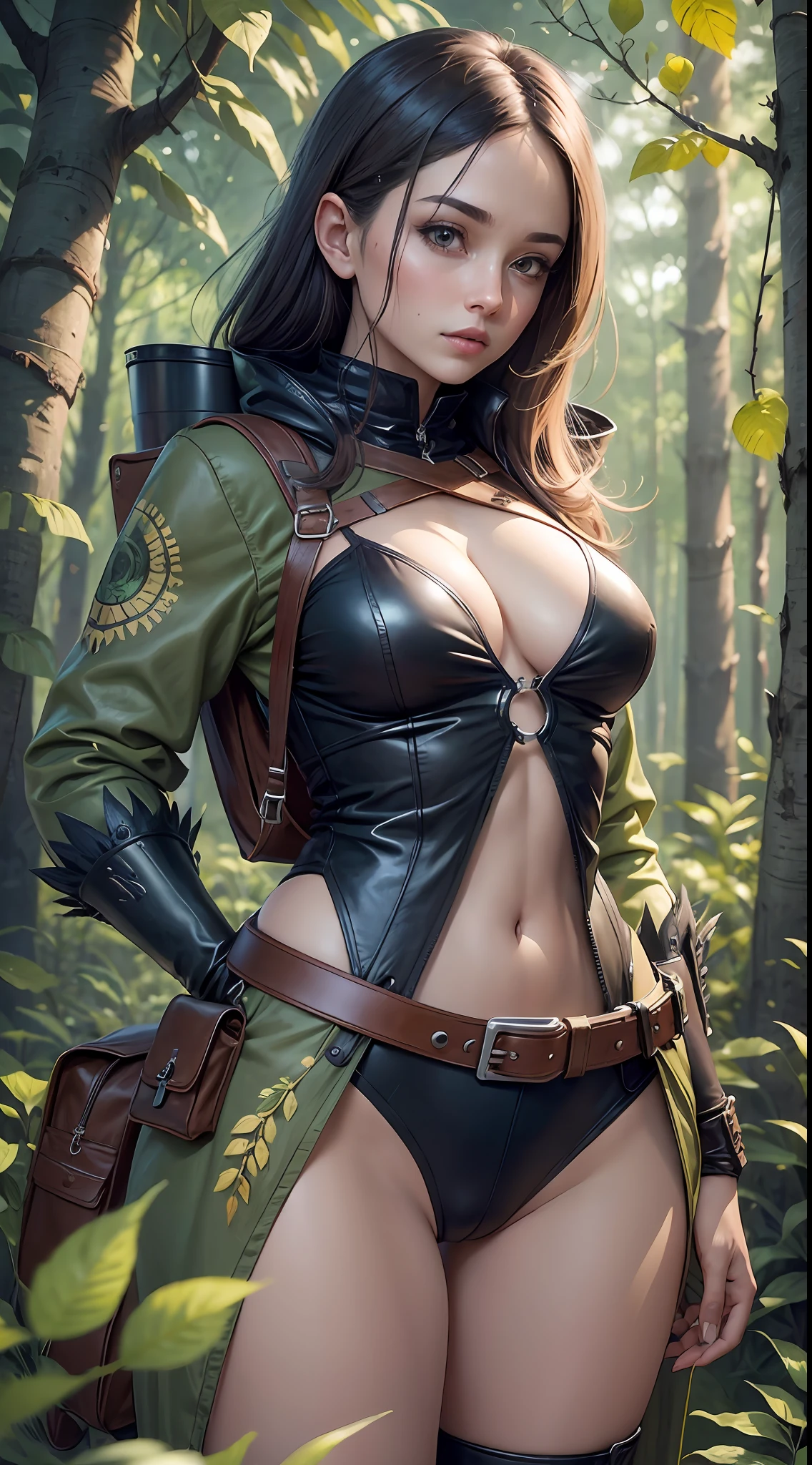 Beautiful adult woman, full-length, full figure, beautiful figure, female body aesthetics, leather clothing, monster hunter, in ranger clothes, with a large backpack, detailed clothes, many pockets, many belts, everything is hung with gadgets, monster hunting, mysterious forest, beautiful forest, nature surrounded by flowers, delicate leaves and branches surrounded by fireflies, natural elements, jungle theme, leaves, branches, fireflies, particle effects, super detailing