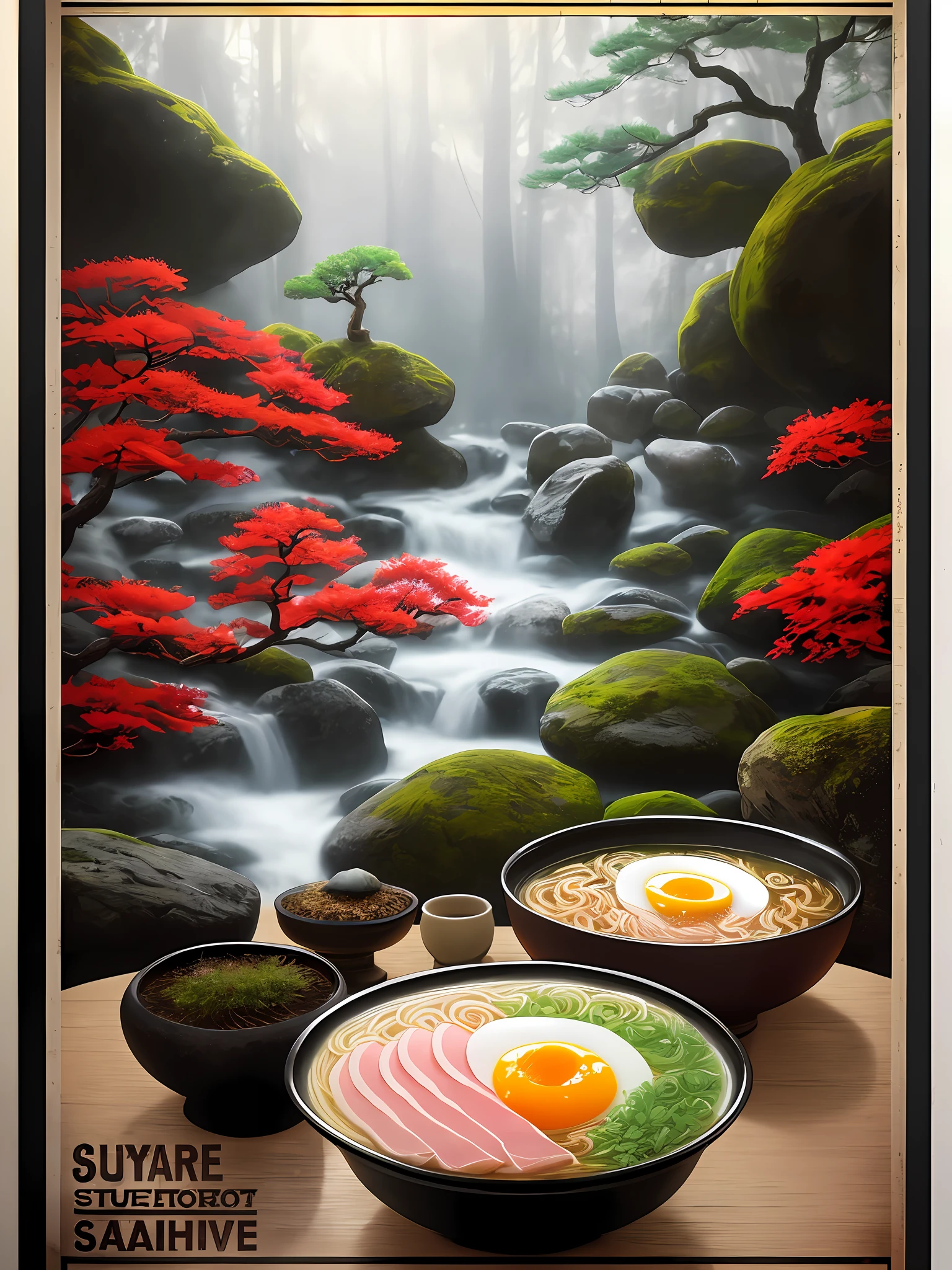 one big Ramen whit half boiled egg, slice of boiled ham,
((Food sticks))
(still life), japanese autumn, sacura blossom, rock garden, bonsai
fog, haze, high detail, ultradetailed, intricately detailed, fine details, hyperdetailed, cinematic, hyperrealistic, 
hyper realism soft light, studio lighting, diffused soft lighting, shallow depth of field, sharp focus bokeh,
raytracing, subsurface scattering, diffused soft lighting, 
ultradetailed, (intricately detailed, fine details, hyperdetailed), cinematic, hyperrealistic,
(poster:1.6)