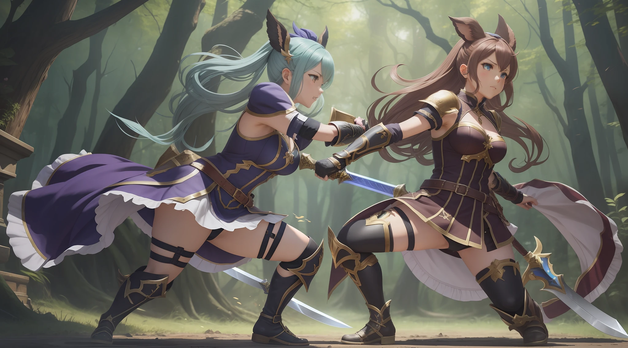 Full body shot from head to feet. Two female from granblue fantasy, attacking each other and fighting with short sword clashing. They have intense death match battle, until someone of them lose and killed in battle. They have different hairstyle, different expression, proper and detailed face, with correct anatomy. They are wearing different short dress armor, detached sleeves, long gloves, short skirt, dark underwear, thigh high, and shoes. Setting at lush forest.