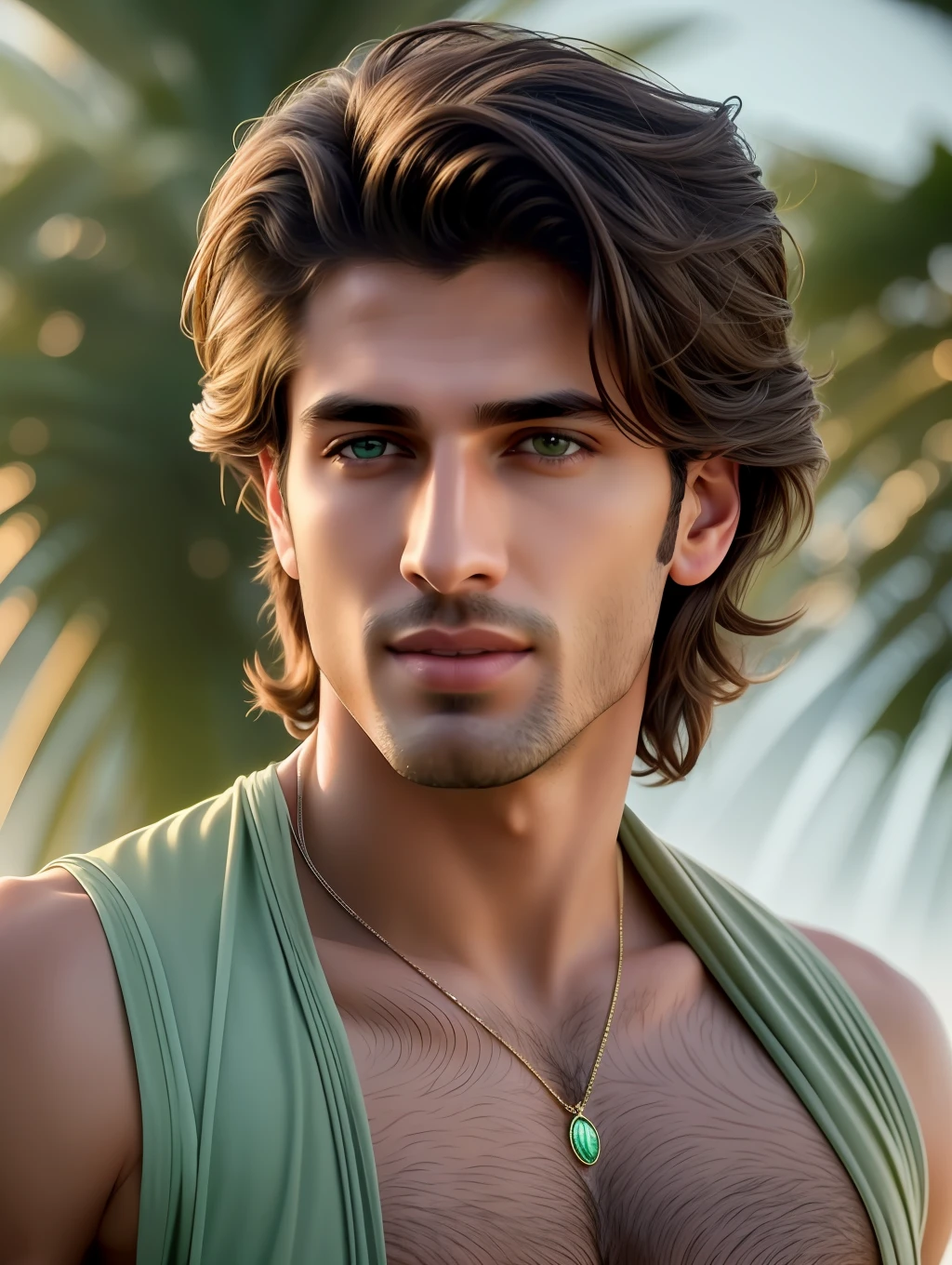 Cinematic soft lighting illuminates a stunningly detailed and ultra-realistic handsome Middle-Eastern male supermodel, beach look, ultra short messy light brown hair, clear green eyes, captivating perfect smile, sensual, hot man, insanely handsome, that is trending on ArtStation. Octane is the perfect tool to capture the softest details of this 16k photography masterpiece.