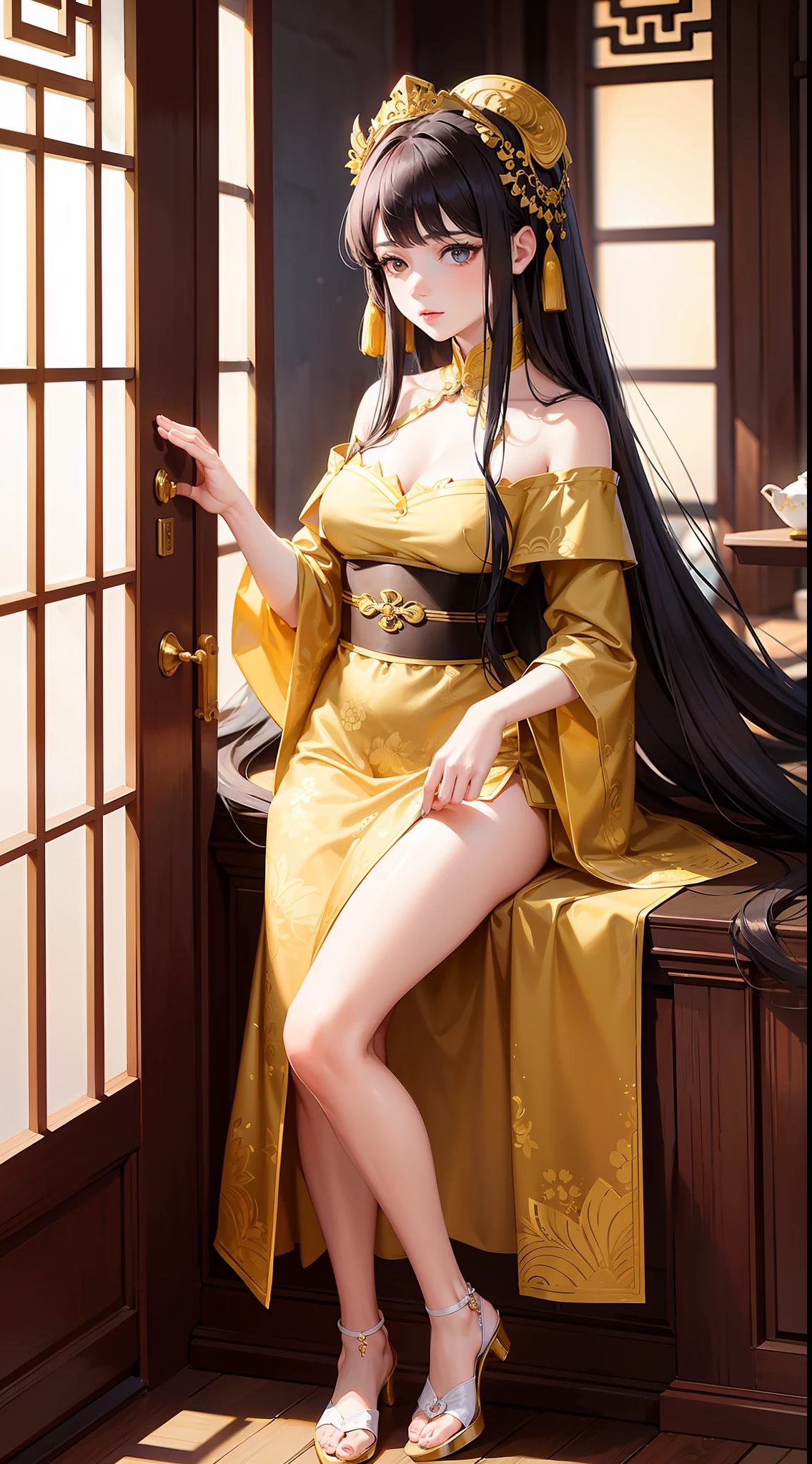 1 girl, off-the-shoulder, long hair, best quality, antique hair accessories, real human eyes, delicate face, shiny skin, chinoiserie architecture, full body, real person, Song Han uniform, character portrait
