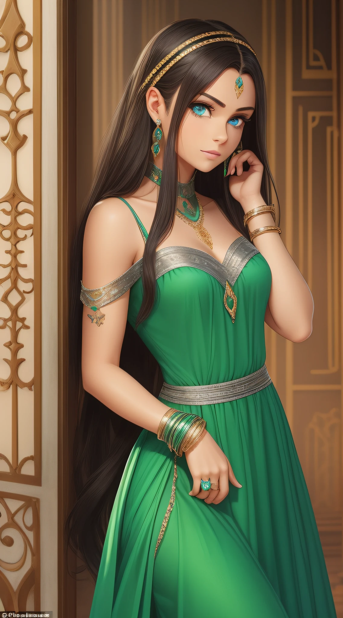 Nala: [1], is a young woman with dark hair and piercing blue eyes. She wears a green dress and a silver bracelet. She has a small scar on her cheek. [2] She has a confident expression, with a hint of mischief in her eyes.