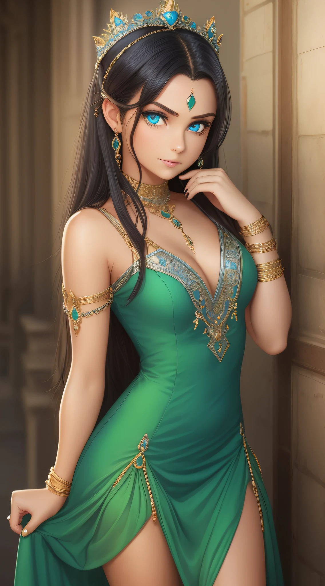 Nala: [1], is a young woman with dark hair and piercing blue eyes. She wears a green dress and a silver bracelet. She has a small scar on her cheek. [2] She has a confident expression, with a hint of mischief in her eyes.