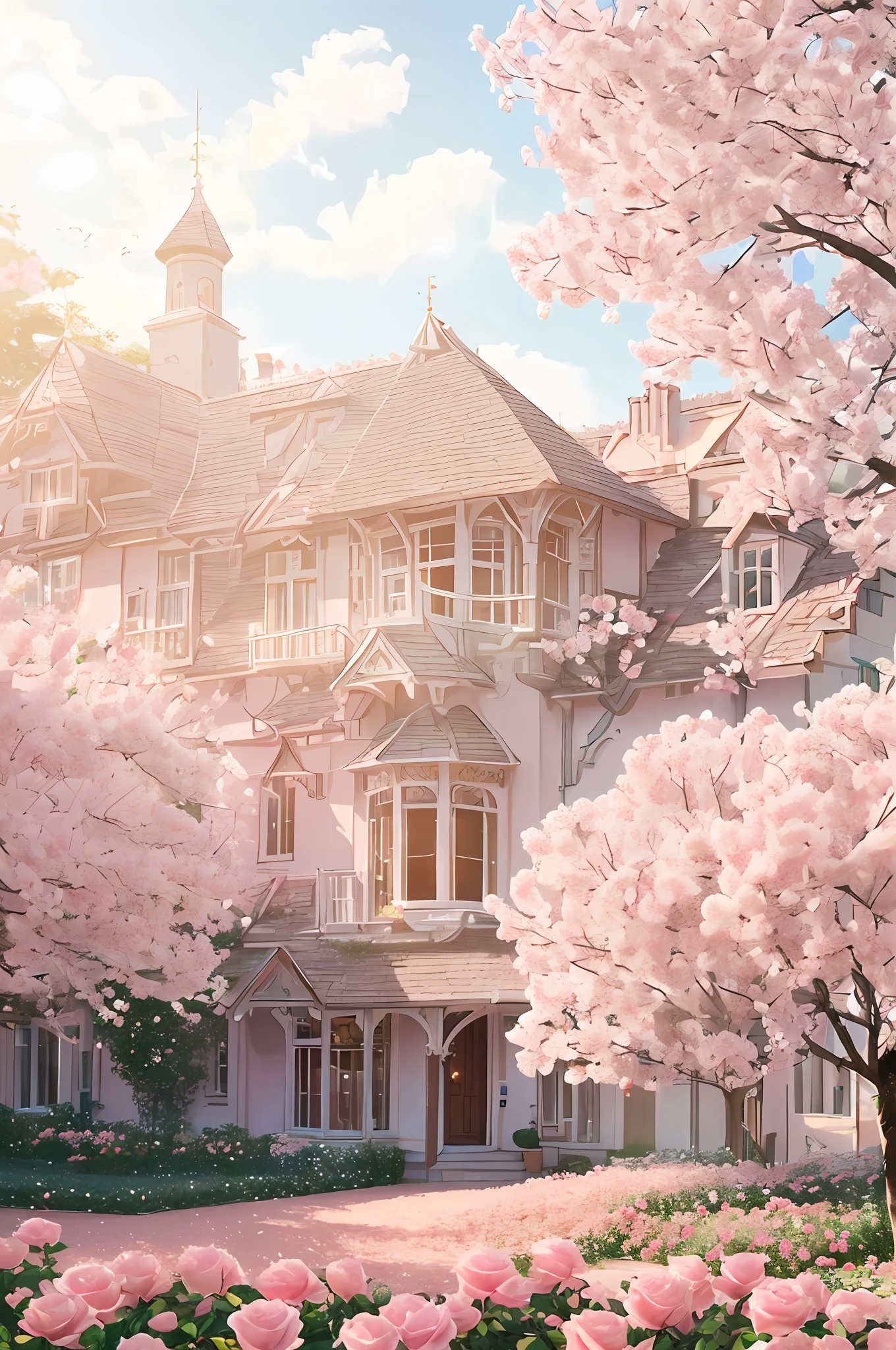 Professional photography, realistic, a clump of pink roses outside the house, beautiful and aesthetic, soft pink, beautiful beauty, roses in movie lights, lush flowers outdoors, nature and floral aesthetics, rose garden, roses, portal made of roses, beautiful images, roses, fantastic aesthetics, in a cottage core garden, pink golden hour, (masterpiece: 1.6, best quality), (fine detailed beautiful eyes: 1.2), (extremely detailed CG unity 8k wallpaper, masterpiece, super detailed, best shadows), (detailed background), high contrast, (best lighting, extremely refined and beautiful), ((color paint splash on transparent background, Dulux,)), ((caustic)), dynamic angles, beautiful details glowing, amazing, high detail, very detailed, beautiful, building shots, surrealism, Unreal Engine 5