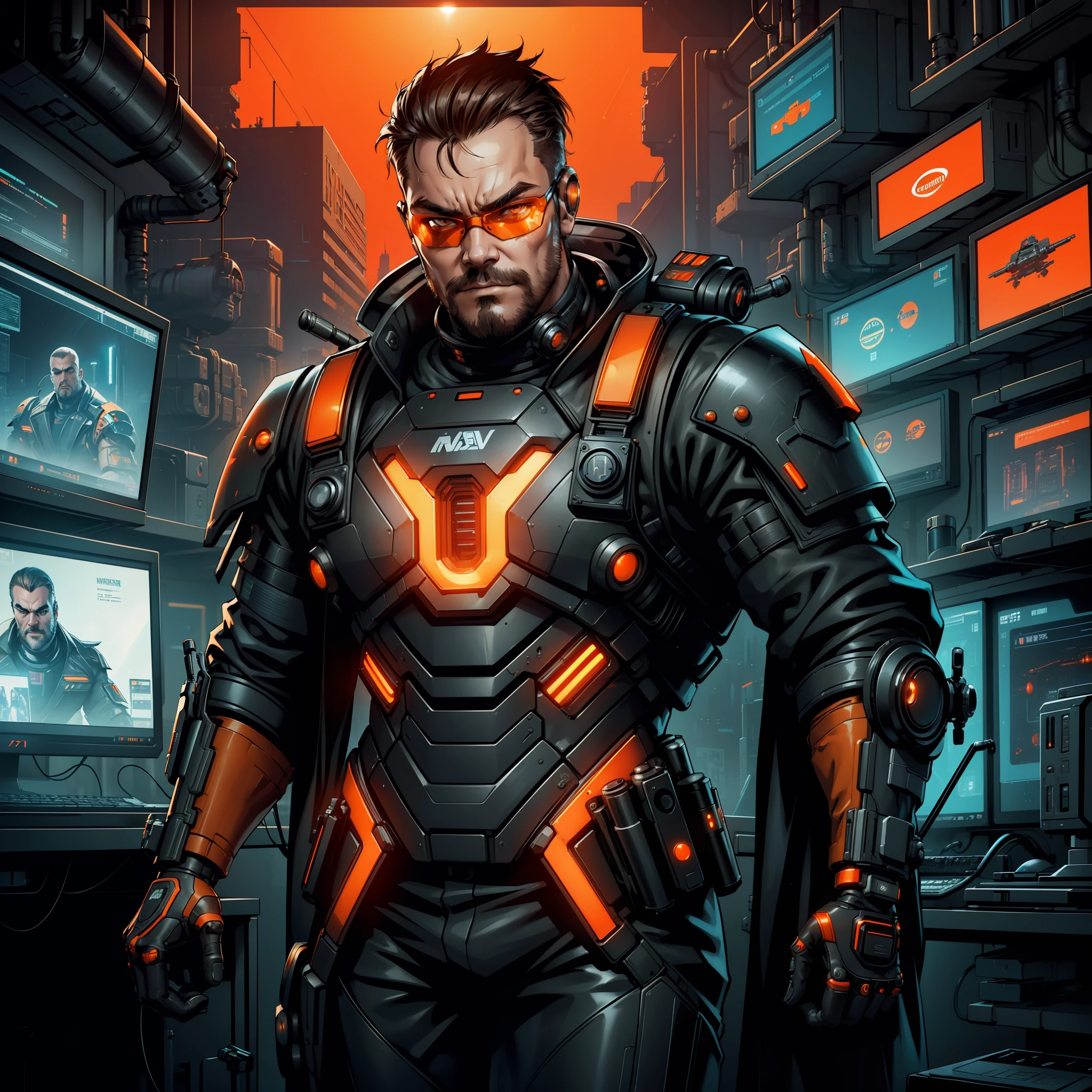 "(((orange cyberpunk tactical suit:1))) (1man) dark theme :: focus on closeup face, sexy face, :: Jack Black's face, short brown hair :: star war helmet, no beard, no mustache, futuristic glasses :: ultra realistic futuristic scifi agent cyberpunk fat man, ((laboratory room background with many computer screens, scifi high tech cyberpunk)) :: cool cybernetic orange tactical armor suit :: Natural lighting :: bokeh :: 8k :: best quality :: masterpiece :: insanely detailed:1.5"