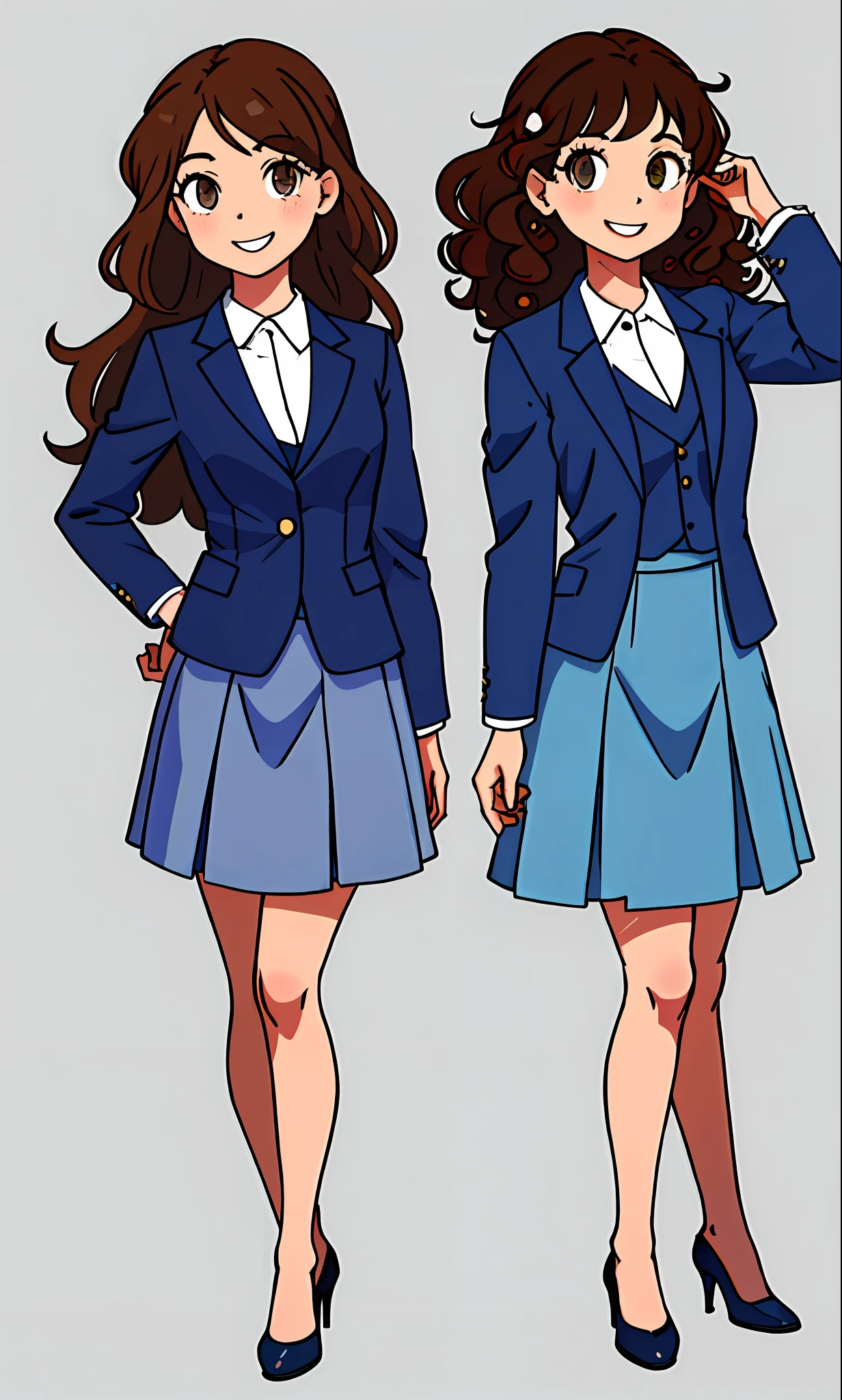 perfect anime illustration, 2girls, twins, identical sisters, brown hair, curly hair, long hair, matching hairstyle, hazel eyes, smiling, business attire, blue skirt suit, black high heels, matching outfits, businesswomen, highres, full body, bare legs