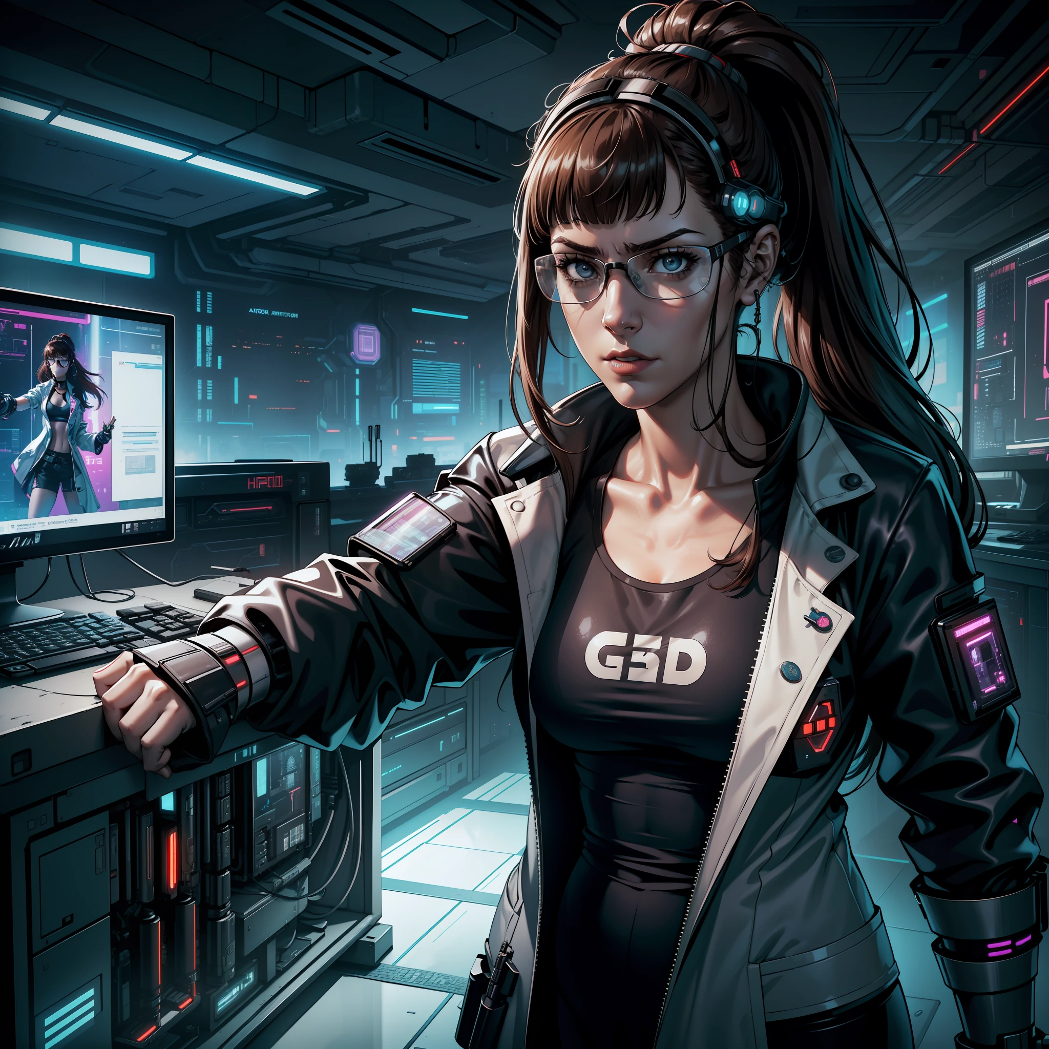 "(white cyberpunk lab coat:1) (1woman) dark theme :: focus on closeup face, Mayim Bialik's face, serious face, :: long brown hair stuck in ponytail :: fringe :: ultra realistic futuristic scientist scifi cyberpunk athletic woman, cyberpunk nerd glasses, ((laboratory room background with many computer screens, scifi high tech cyberpunk)) :: cool cyberpunk lab coat :: natural lighting :: bokeh :: 8k :: best quality :: masterpiece :: insanely detailed:1.5"