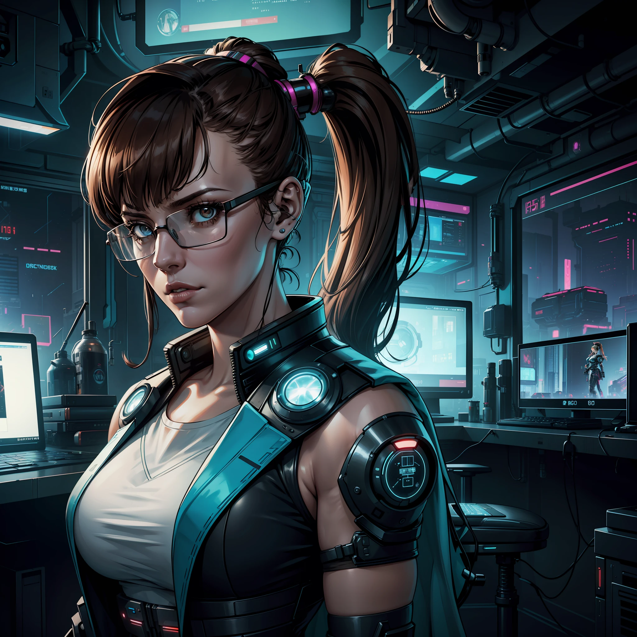 "(white cyberpunk lab coat:1) (1woman) dark theme :: focus on closeup face, Mayim Bialik's face, serious face, :: long brown hair stuck in ponytail :: fringe :: ultra realistic futuristic scientist scifi cyberpunk athletic woman, cyberpunk nerd glasses, ((laboratory room background with many computer screens, scifi high tech cyberpunk)) :: cool cyberpunk lab coat :: natural lighting :: bokeh :: 8k :: best quality :: masterpiece :: insanely detailed:1.5"