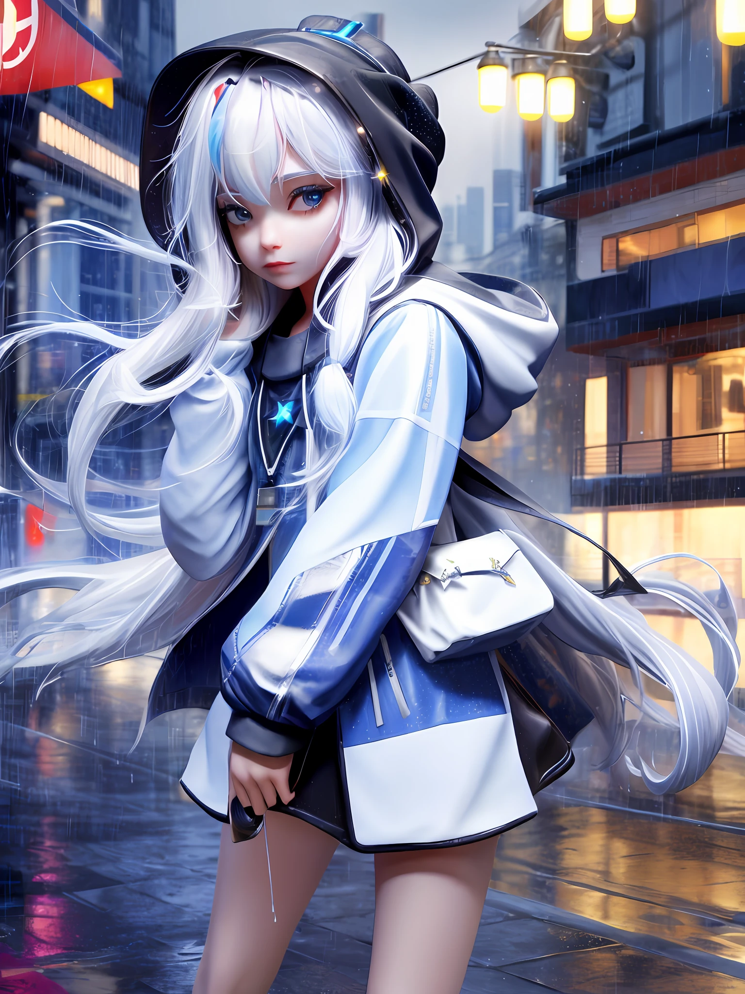 masterpiece, best quality, 4k, lock, starry, sky, star, star, cover, hair ribbon, thin legs, hood, long hair, white hair, cyberpunk, depth of field, rain, dynamic focus.