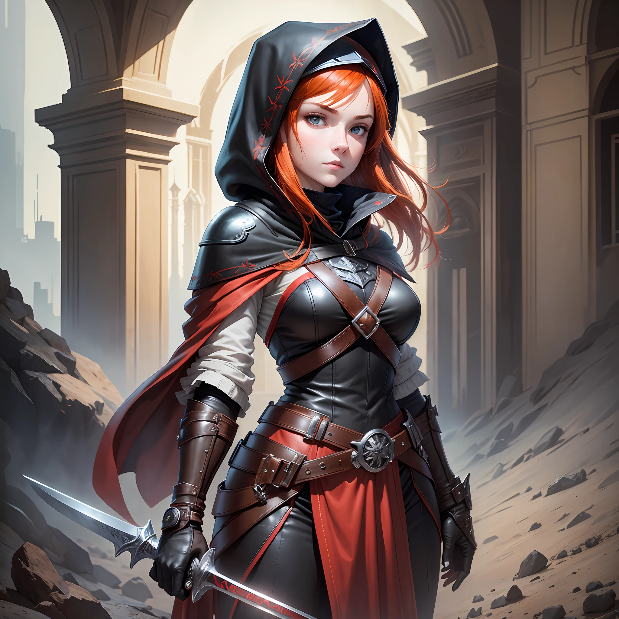 A teenage girl, with tawny skin, fiery red hair, and an enchanting gaze, donning a black hood and armor. She wears gloves, and one gloved hand rests on the hilt of a longsword secured at her waist. --auto --s2