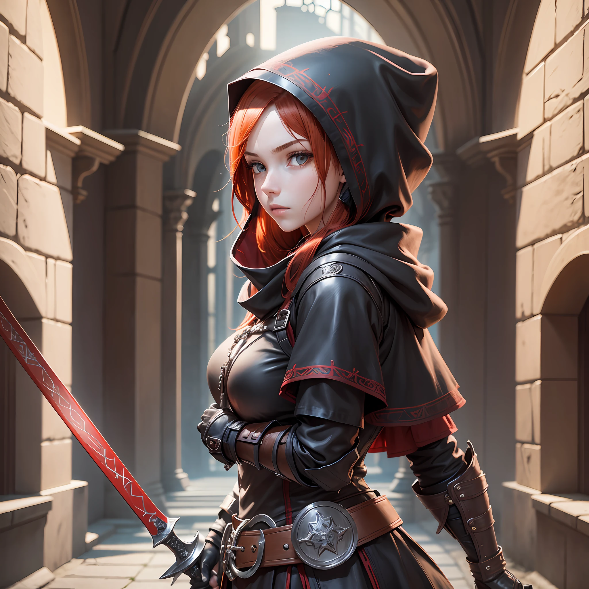 A teenage girl, with tawny skin, fiery red hair, and an enchanting gaze, donning a black hood and armor. She wears gloves, and one gloved hand rests on the hilt of a longsword secured at her waist. --auto --s2