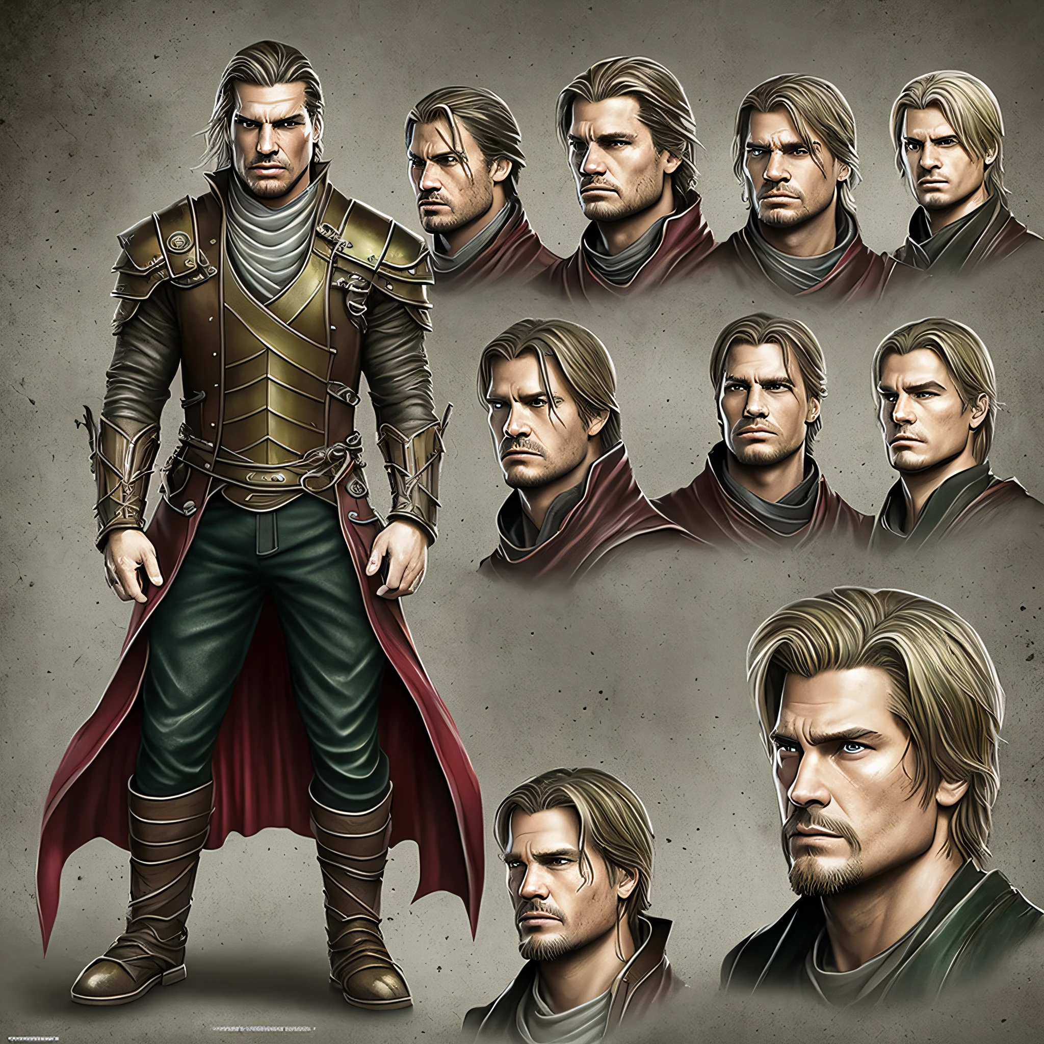 character ANIME man, full body, STRONG, long blonde hair, (JAIME LANNISTER FACE) ((design sketches)), (masterpiece), extremely detailed, (original design reserved), (random poses), LEADER, (unique accessories), (clothing, green vest, jeans), (bearded face) professionally retouched, white background, (male: 1.1) martial arts, parkour (parkour caucus: 0.8), (dirty: 1.1), (movement: 0.8), (young: 1.3), (sprint: 0.6) (silent hill concept) (Jaime Lannister concept) ( Resident Evil concept) --auto --s2