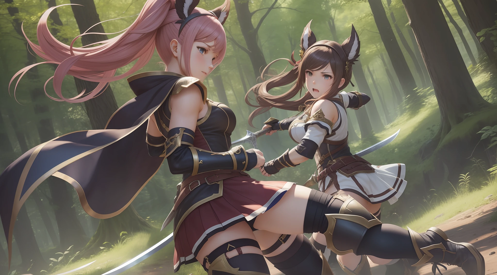 Full body shot from head to feet. Two female from granblue fantasy, attacking each other and fighting with short sword clashing. They have intense death match battle, until someone of them lose and killed in battle. They have different hairstyle, different expression, proper and detailed face, with correct anatomy. They are wearing different short dress armor, detached sleeves, long gloves, short skirt, dark underwear, thigh high, and shoes. Setting at lush forest.