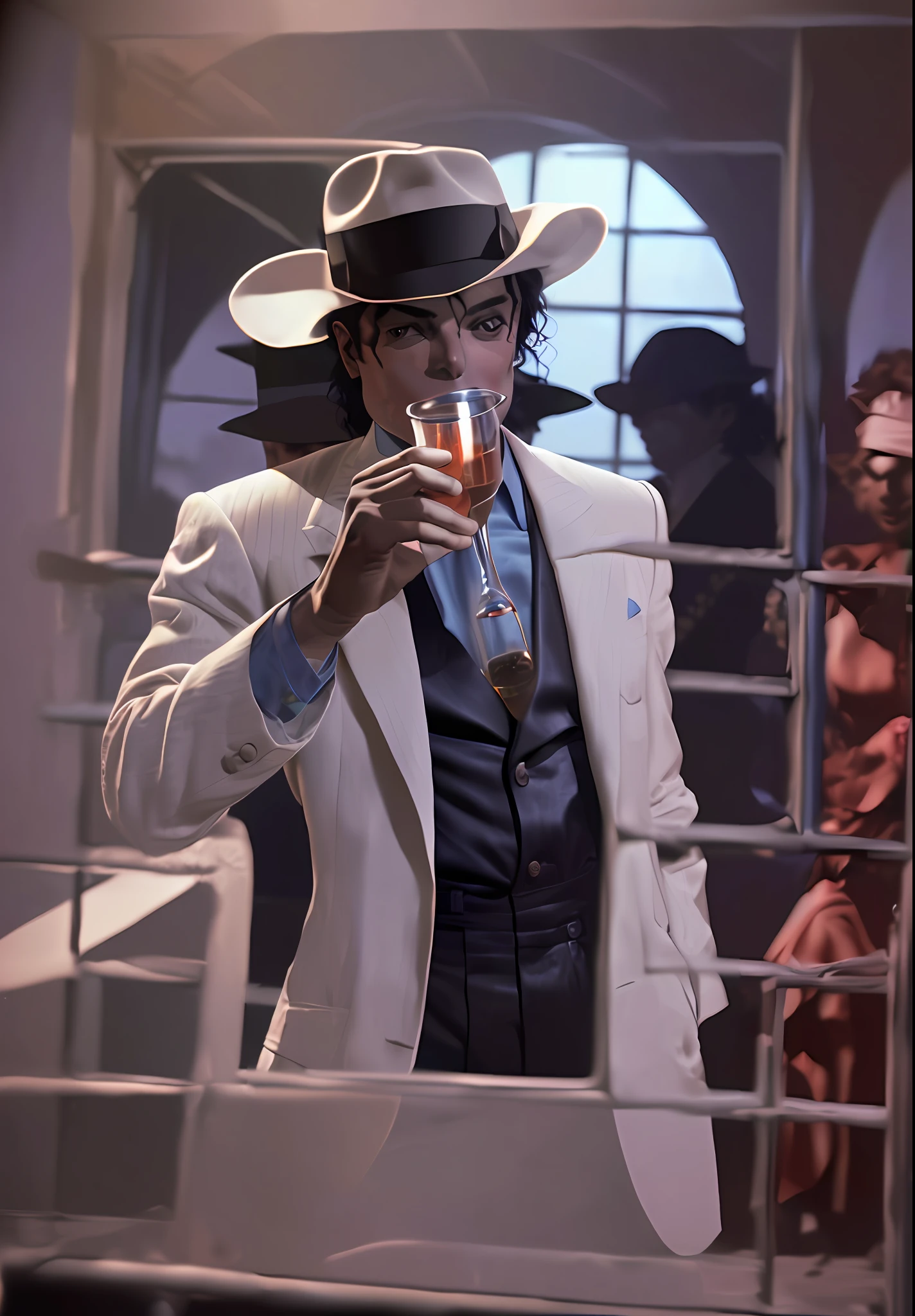 smoothcriminal Michael Jackson man drinking a bottle of liquor with women around, dark room high quality, professional photography