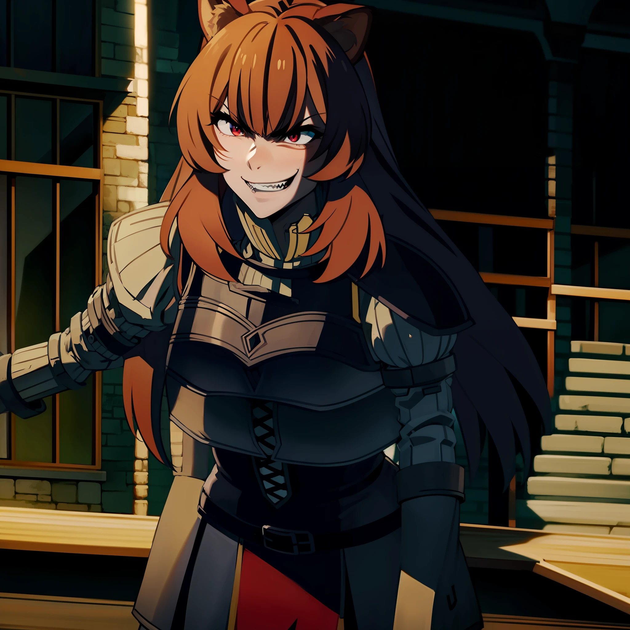 evil raphtalia, evil smile, black armor, angry facial expressions