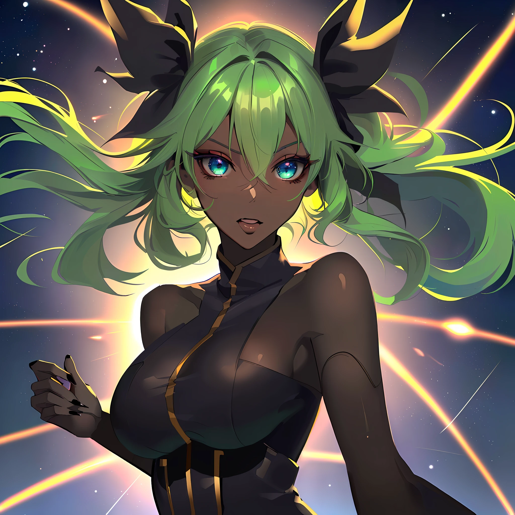 (masterpiece:1.3), (absurdres:1.3), (best quality:1.3), (ultra-detailed:1.3),(best shadow:0.7), (hair handled), (sharp eyeliner, eyeshadow, detailed eyes:1.1), perfect anatomy, BREAK 1girl, solo, Anime Girl with Green Hair and Black Top, Starry Sky Background, Best Anime 4K Konachan Wallpaper, Goddess Anime, Seductive Anime Girl, Detailed Digital Anime Art, ((Big Breasts)), ((Green Hair)), (((Cute Expression), ((dark skin)), blue eyes, black nails
