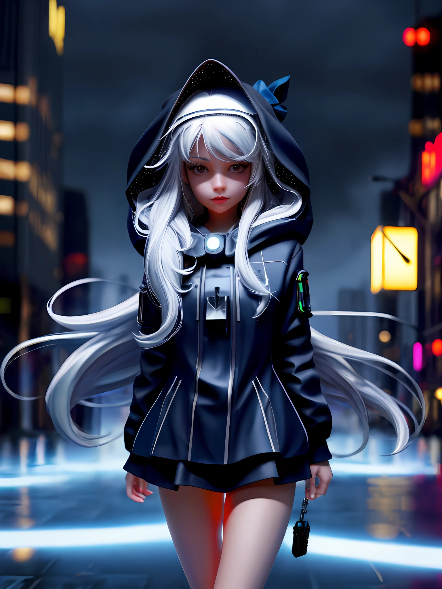 masterpiece, best quality, 4k, lock, starry, sky, star, star, cover, hair ribbon, thin legs, hood, long hair, white hair, cyberpunk, depth of field, rain, dynamic focus.
