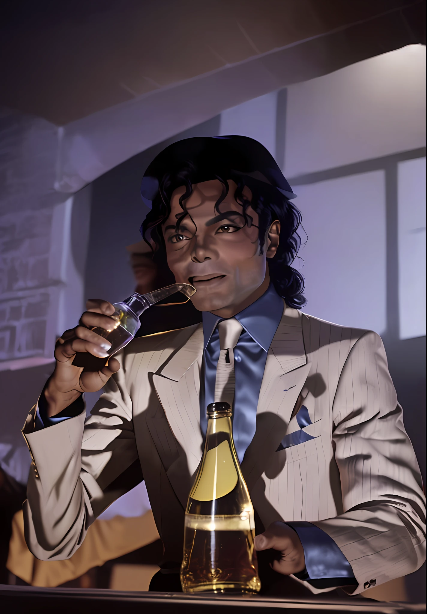 smoothcriminal Michael Jackson man drinking a bottle of liquor with women around, dark room high quality, professional photography