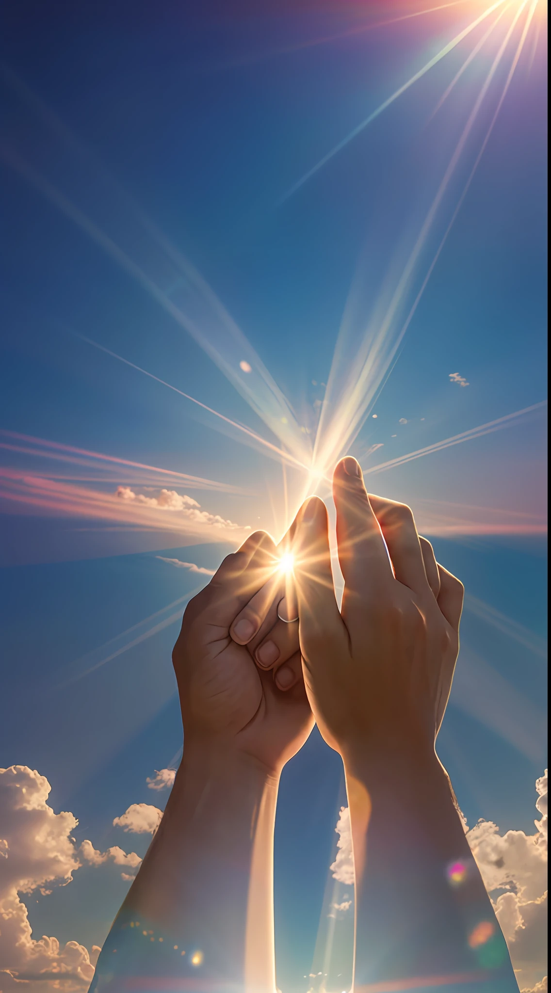 An image of hands clasped in prayer, with a ray of bright light descending from the sky.
